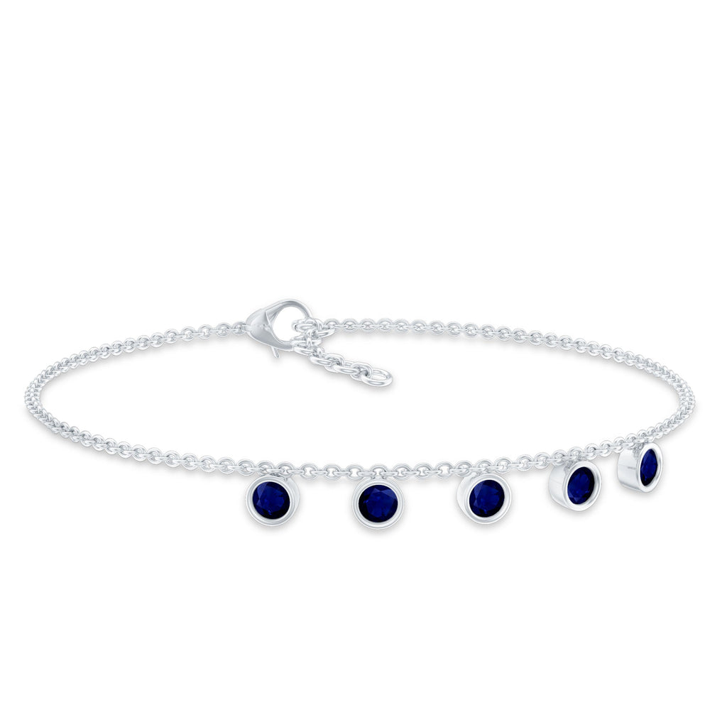 Blue Sapphire Bracelet – Bezel Set 5 Stone Station Chain Charm with Adjustable Lobster Clasp