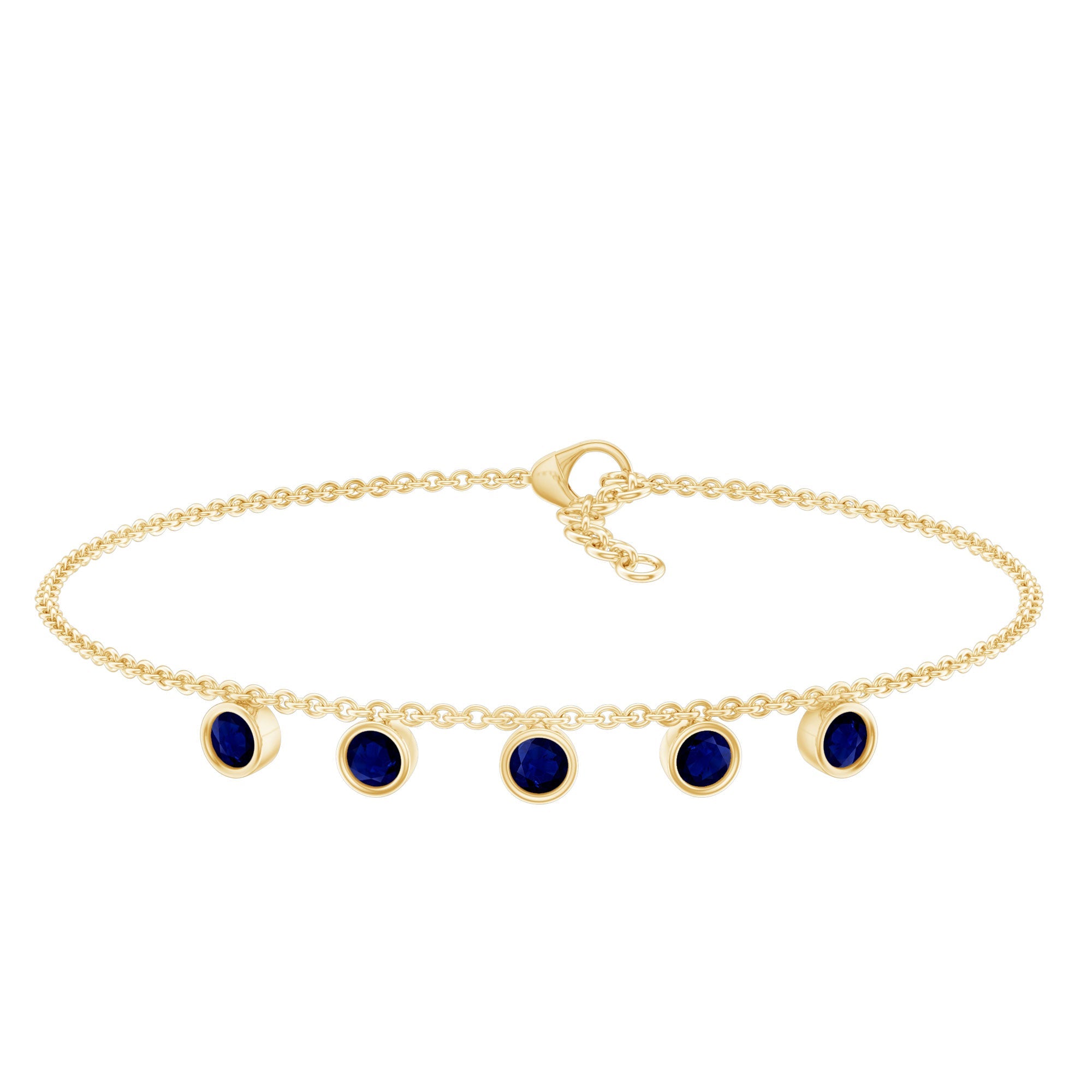 Blue Sapphire Bracelet – Bezel Set 5 Stone Station Chain Charm with Adjustable Lobster Clasp