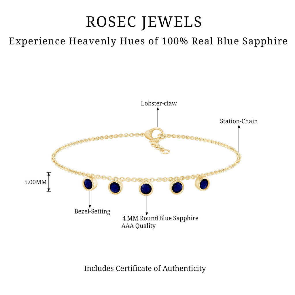 Blue Sapphire Bracelet – Bezel Set 5 Stone Station Chain Charm with Adjustable Lobster Clasp