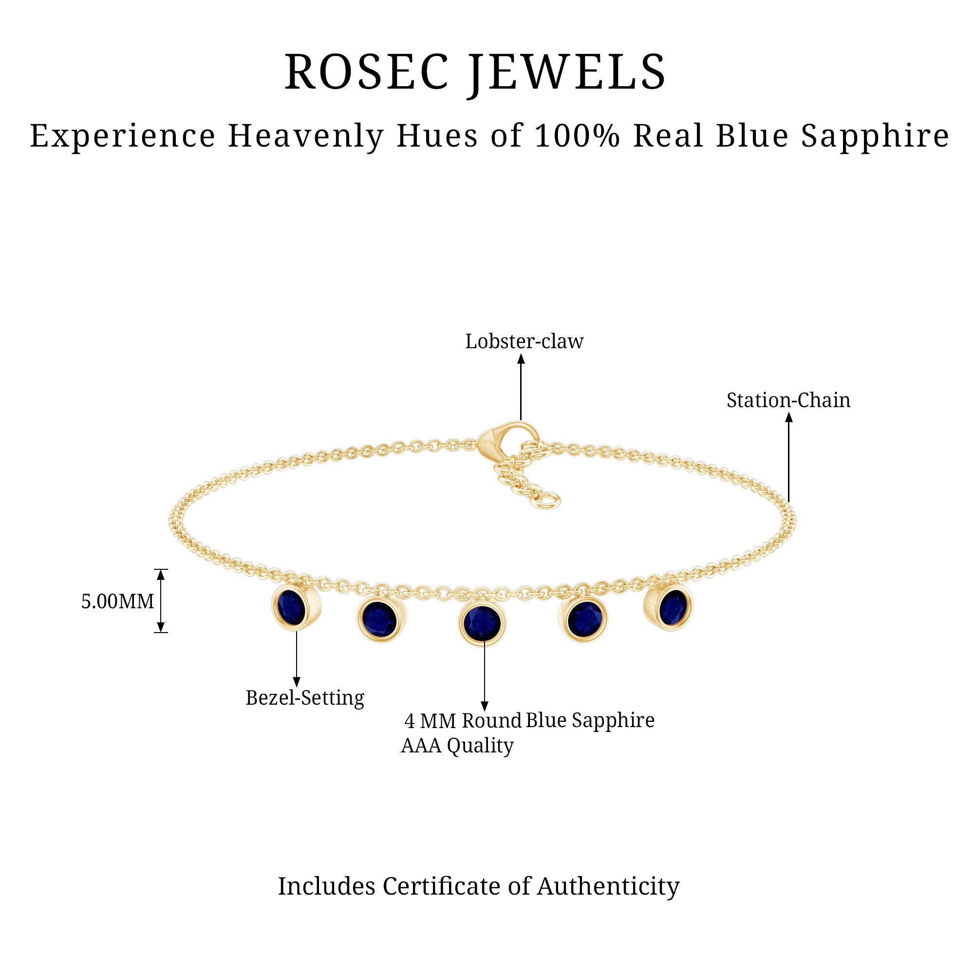 Blue Sapphire Bracelet – Bezel Set 5 Stone Station Chain Charm with Adjustable Lobster Clasp