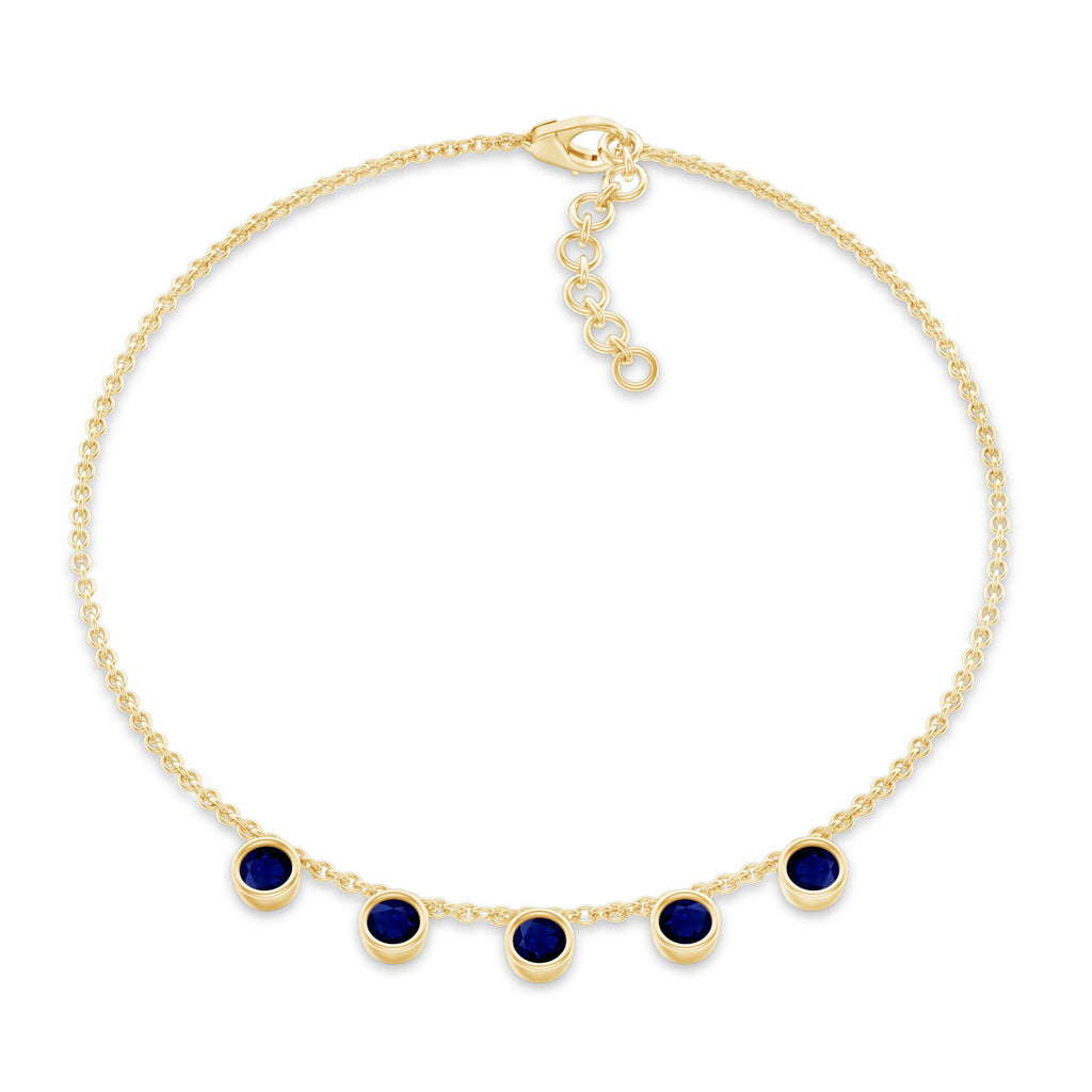 Blue Sapphire Bracelet – Bezel Set 5 Stone Station Chain Charm with Adjustable Lobster Clasp