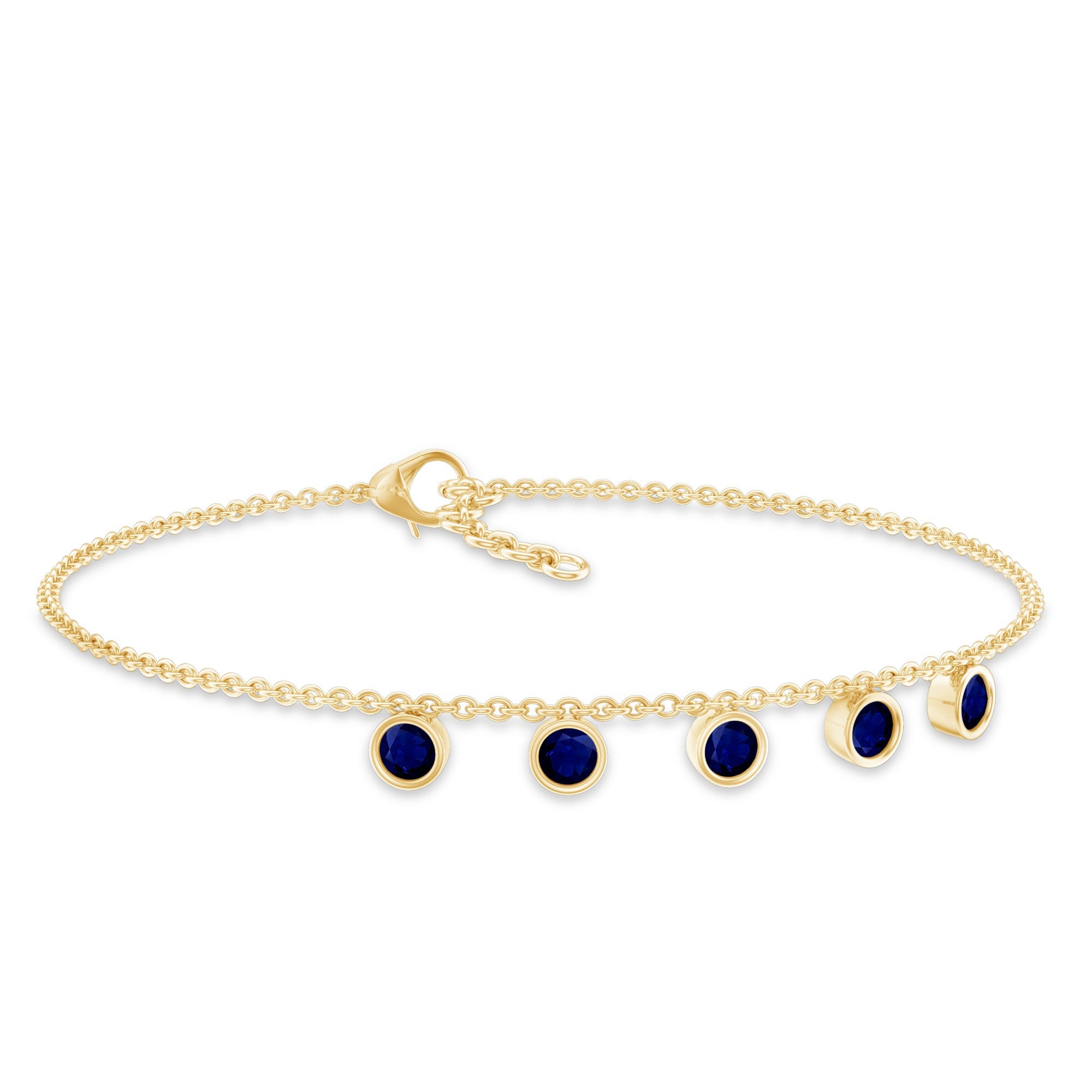 Blue Sapphire Bracelet – Bezel Set 5 Stone Station Chain Charm with Adjustable Lobster Clasp