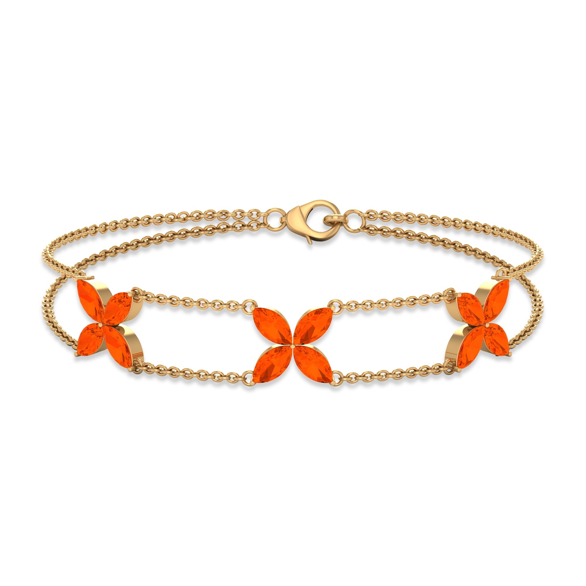 Fire Opal Bracelet – Marquise Cut Double Chain Floral Design With AAA Opal