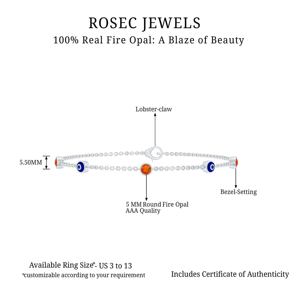 Fire Opal Bracelet – Bezel Set Evil Eye Protection Charm with Round Fire Opal Stones