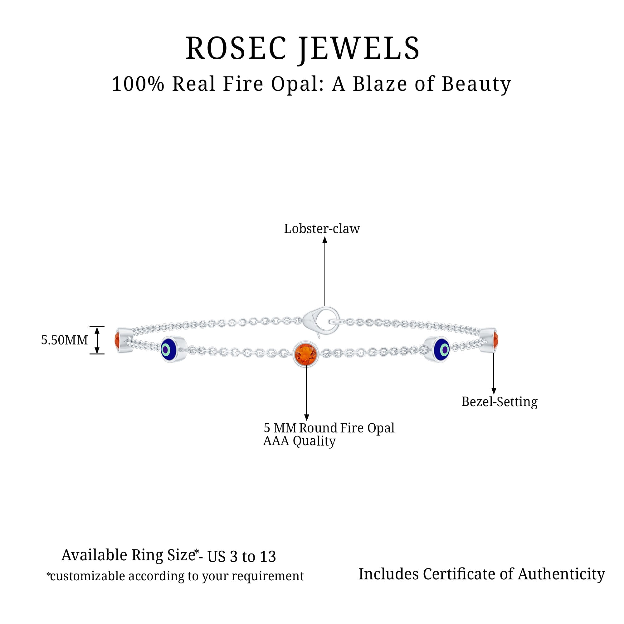 Fire Opal Bracelet – Bezel Set Evil Eye Protection Charm with Round Fire Opal Stones