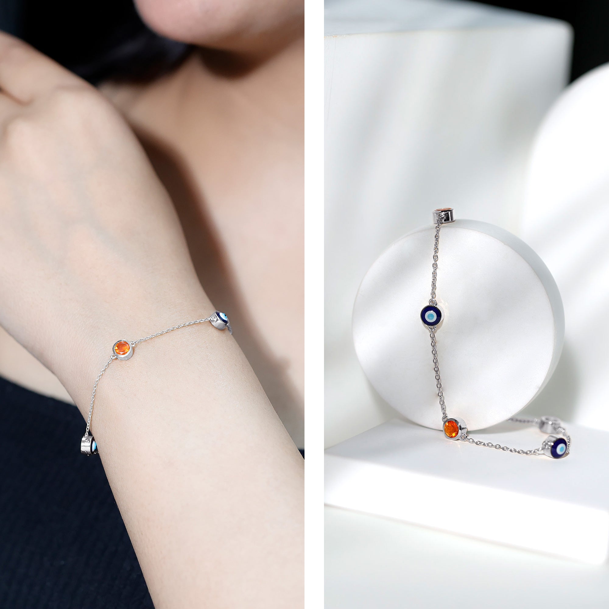 Fire Opal Bracelet – Bezel Set Evil Eye Protection Charm with Round Fire Opal Stones