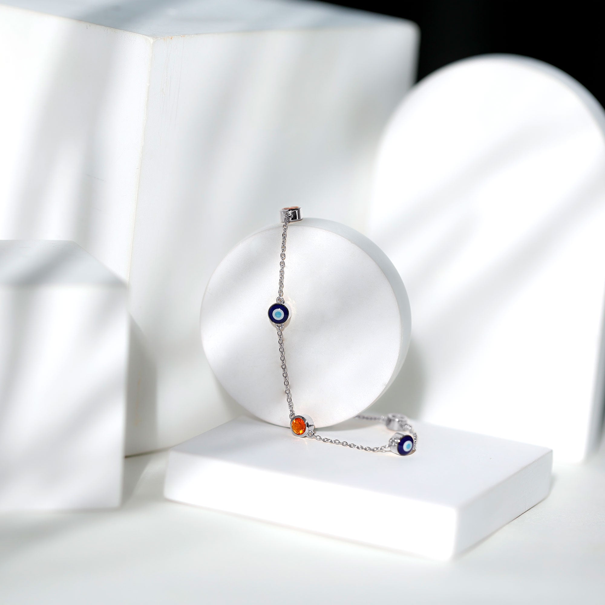 Fire Opal Bracelet – Bezel Set Evil Eye Protection Charm with Round Fire Opal Stones