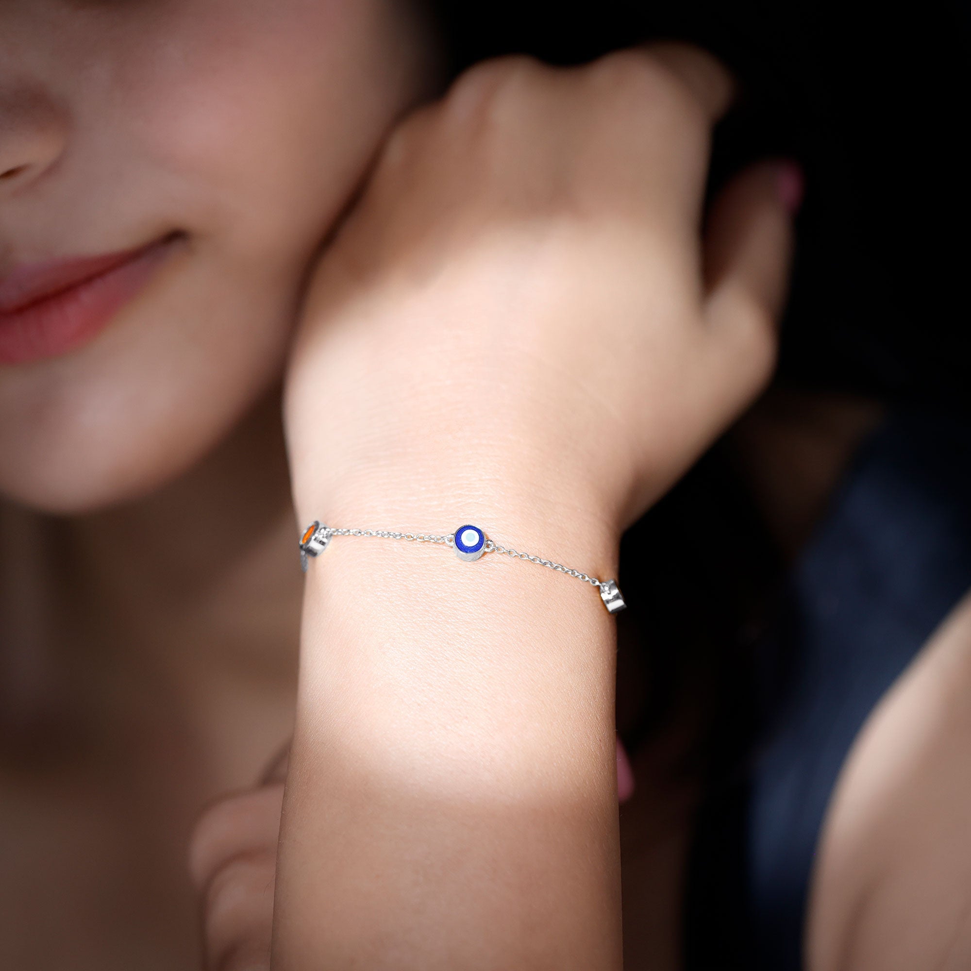 Fire Opal Bracelet – Bezel Set Evil Eye Protection Charm with Round Fire Opal Stones