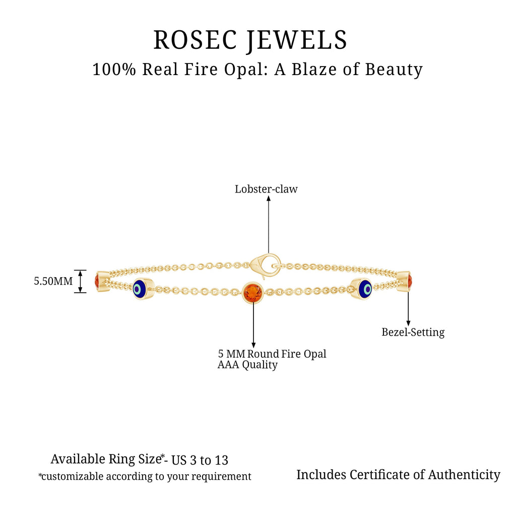 Fire Opal Bracelet – Bezel Set Evil Eye Protection Charm with Round Fire Opal Stones