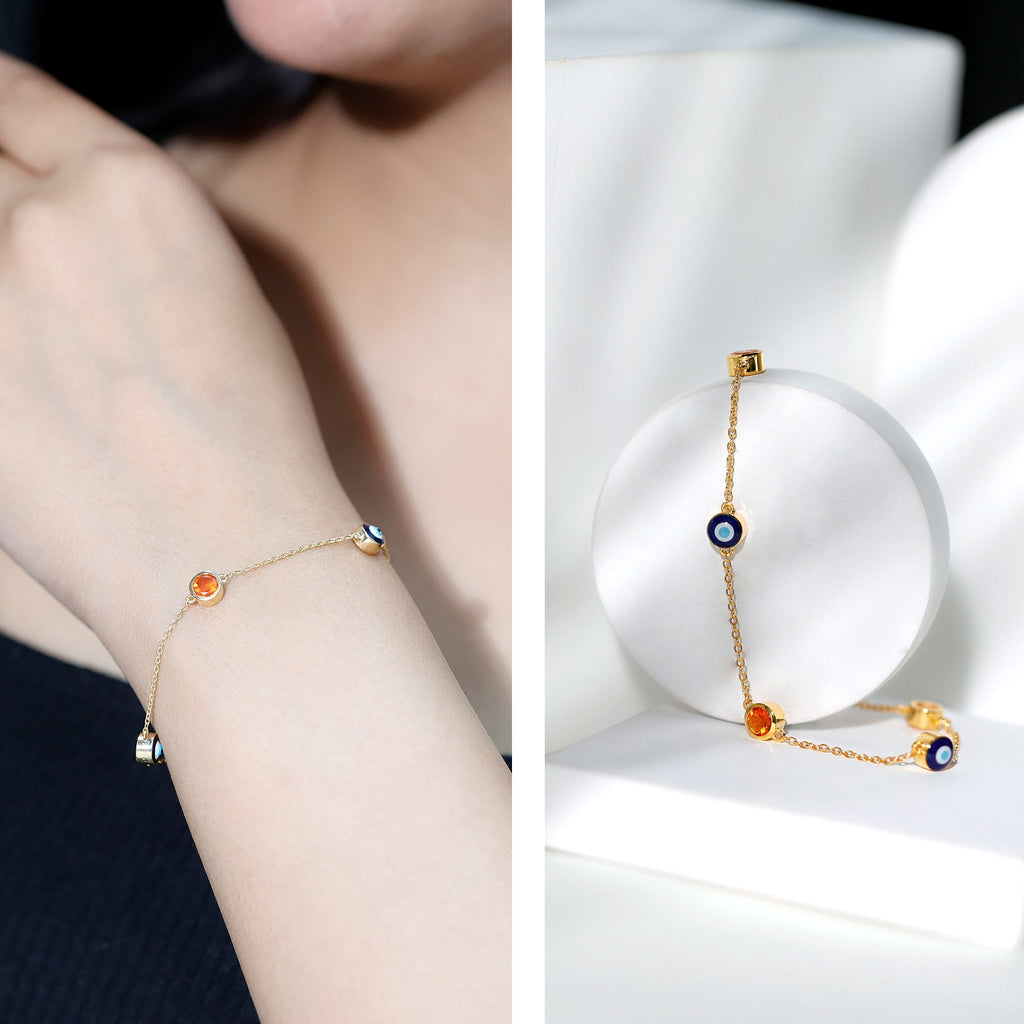 Fire Opal Bracelet – Bezel Set Evil Eye Protection Charm with Round Fire Opal Stones