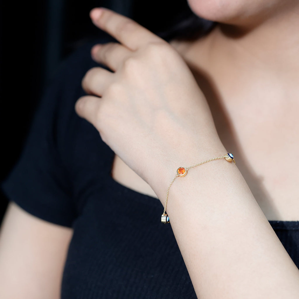 Fire Opal Bracelet – Bezel Set Evil Eye Protection Charm with Round Fire Opal Stones
