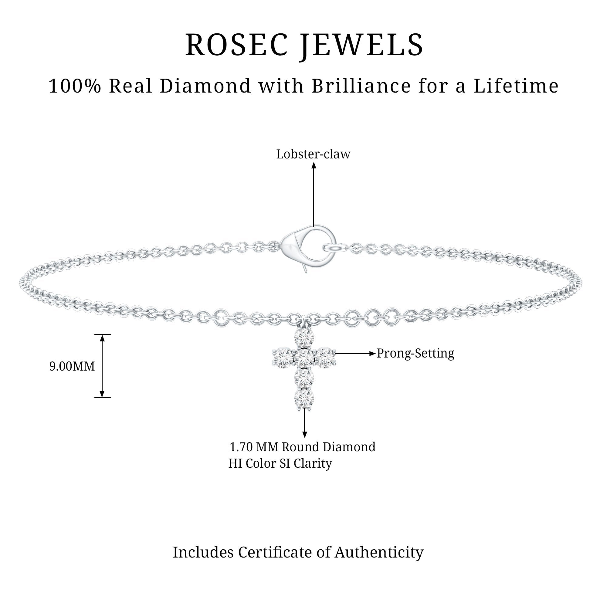 Diamond Cross Bracelet - Elegant Chain Bracelet With Round Brilliant Diamond Charm