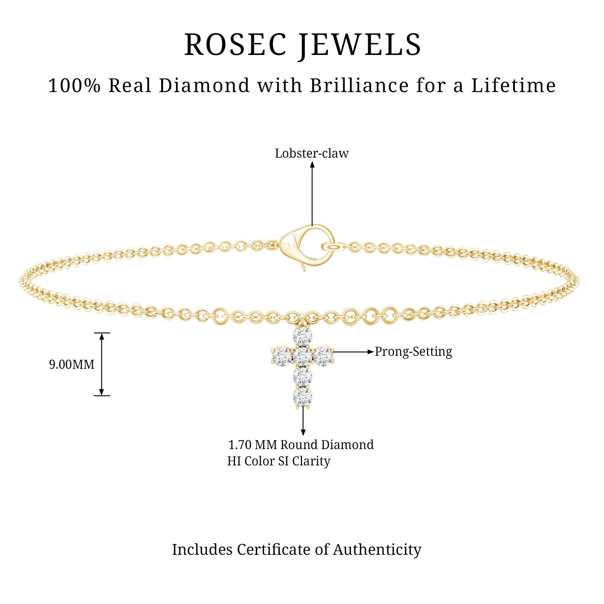 Diamond Cross Bracelet - Elegant Chain Bracelet With Round Brilliant Diamond Charm