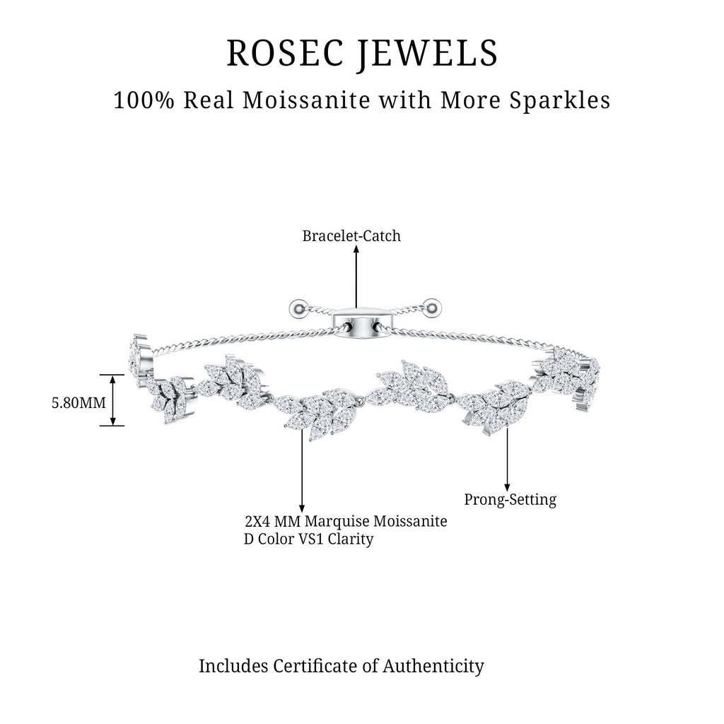 Moissanite Bolo Bracelet – Leaf Pattern Bracelet With Marquise Cut Stones & Adjustable Clasp