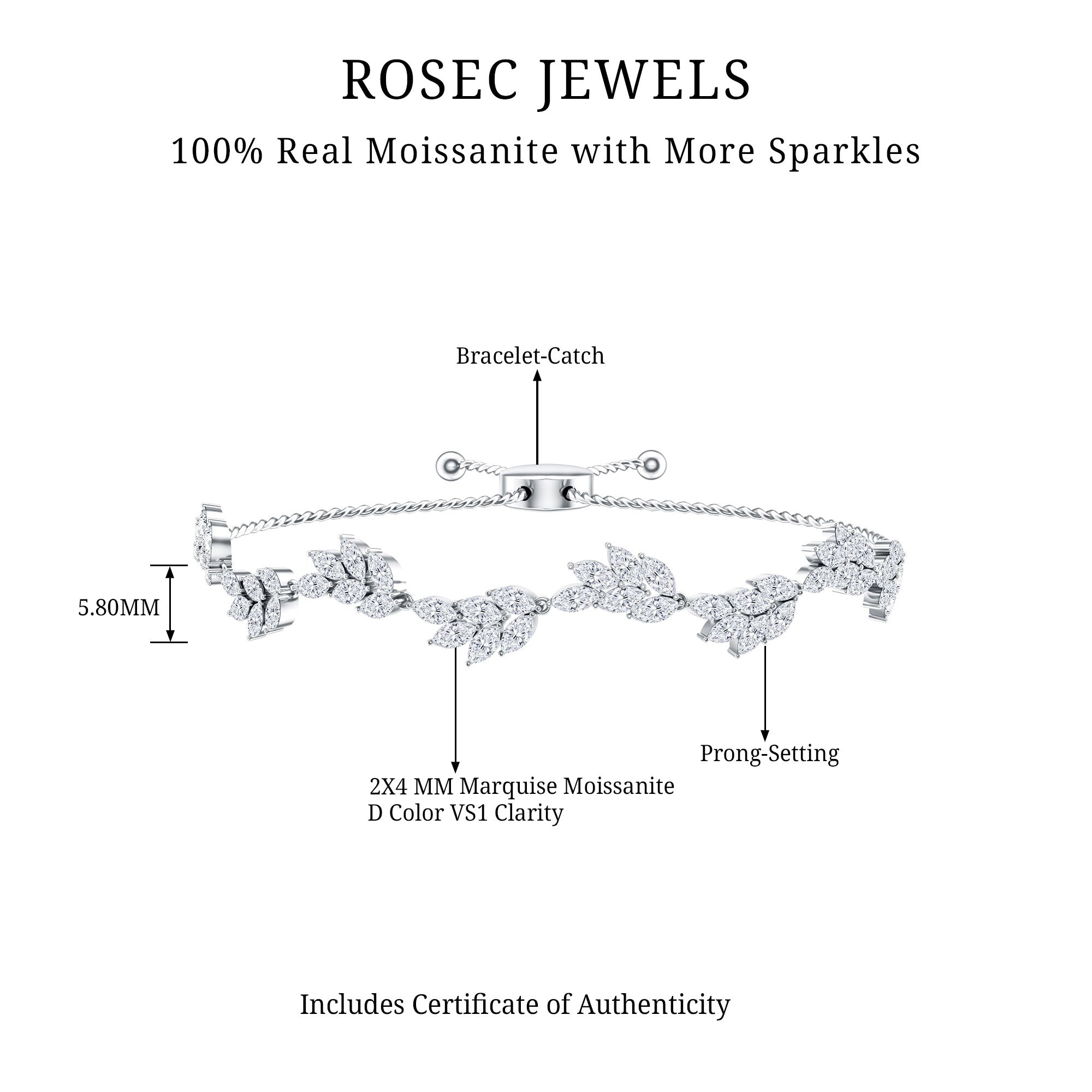 Moissanite Bolo Bracelet – Leaf Pattern Bracelet With Marquise Cut Stones & Adjustable Clasp