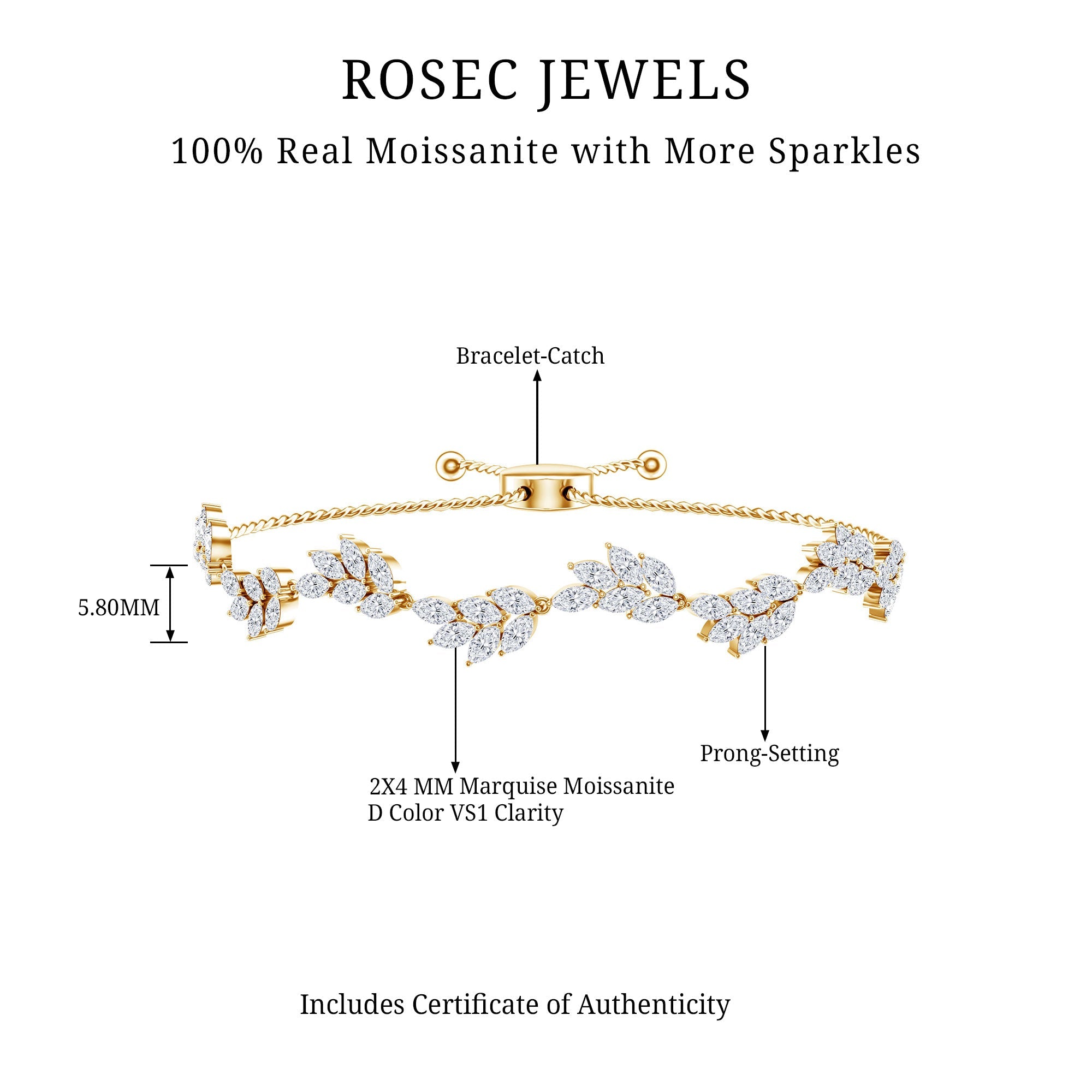 Moissanite Bolo Bracelet – Leaf Pattern Bracelet With Marquise Cut Stones & Adjustable Clasp