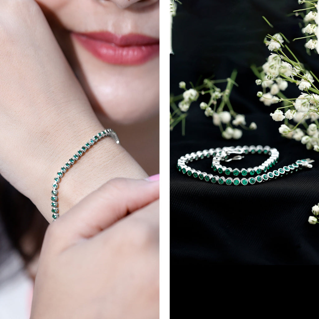 Emerald Tennis Bracelet - Bezel Set Lab Created Emeralds | Lightweight Elegant Wrist Jewelry