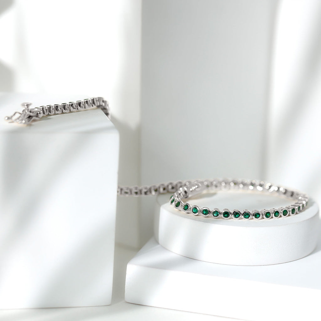 Emerald Tennis Bracelet - Bezel Set Lab Created Emeralds | Lightweight Elegant Wrist Jewelry