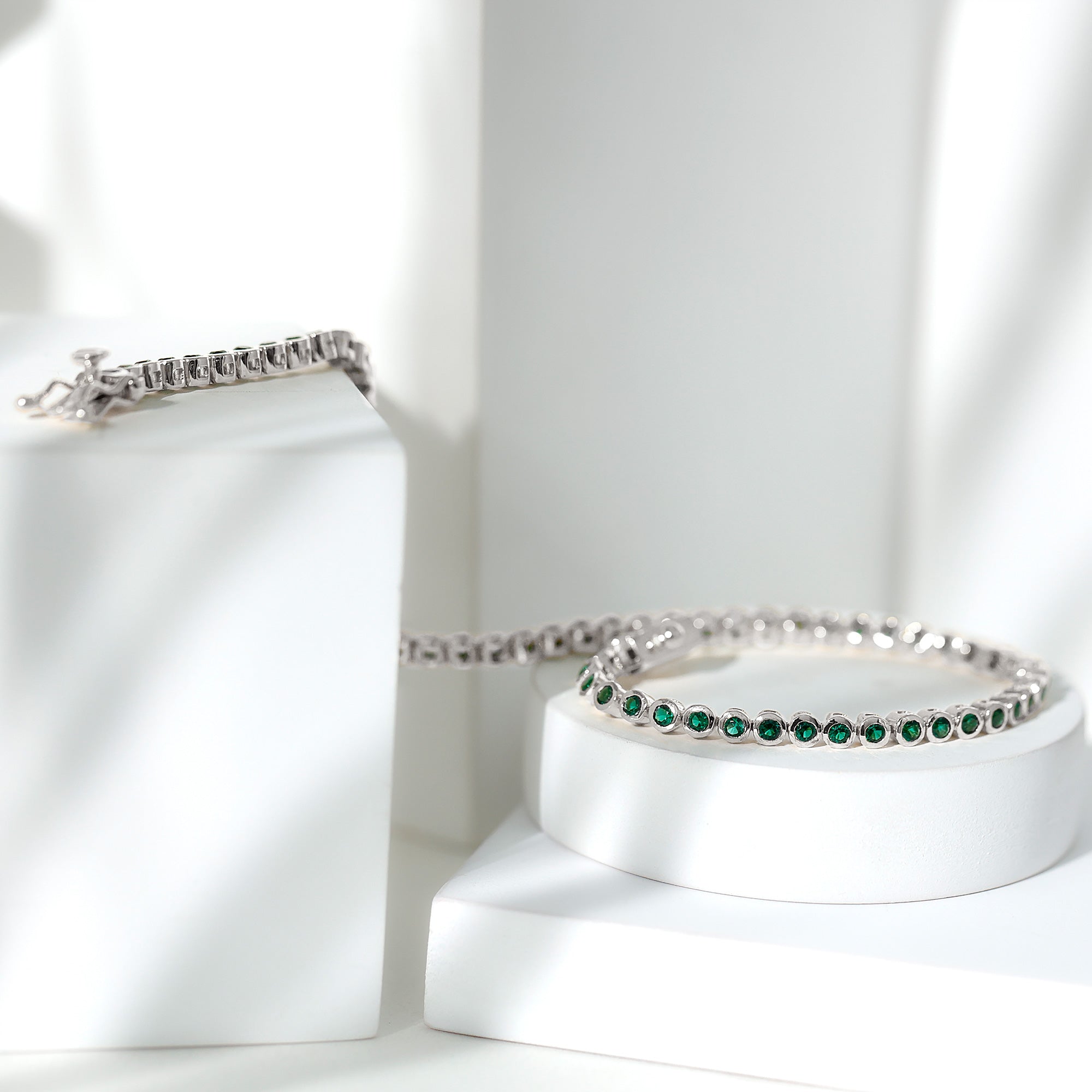 Emerald Tennis Bracelet - Bezel Set Lab Created Emeralds | Lightweight Elegant Wrist Jewelry