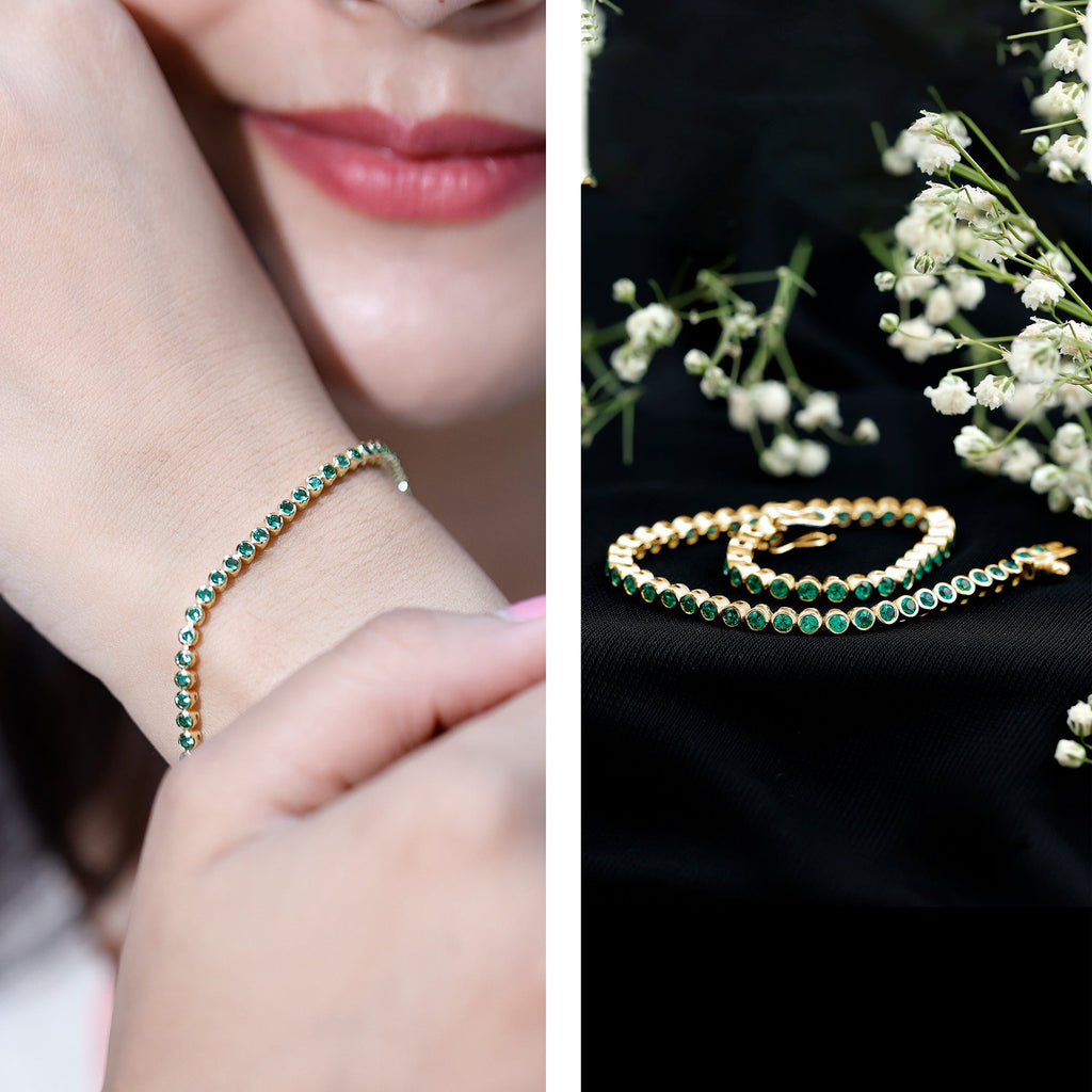 Emerald Tennis Bracelet - Bezel Set Lab Created Emeralds | Lightweight Elegant Wrist Jewelry