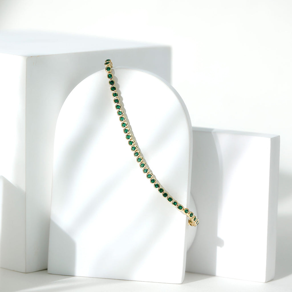 Emerald Tennis Bracelet - Bezel Set Lab Created Emeralds | Lightweight Elegant Wrist Jewelry