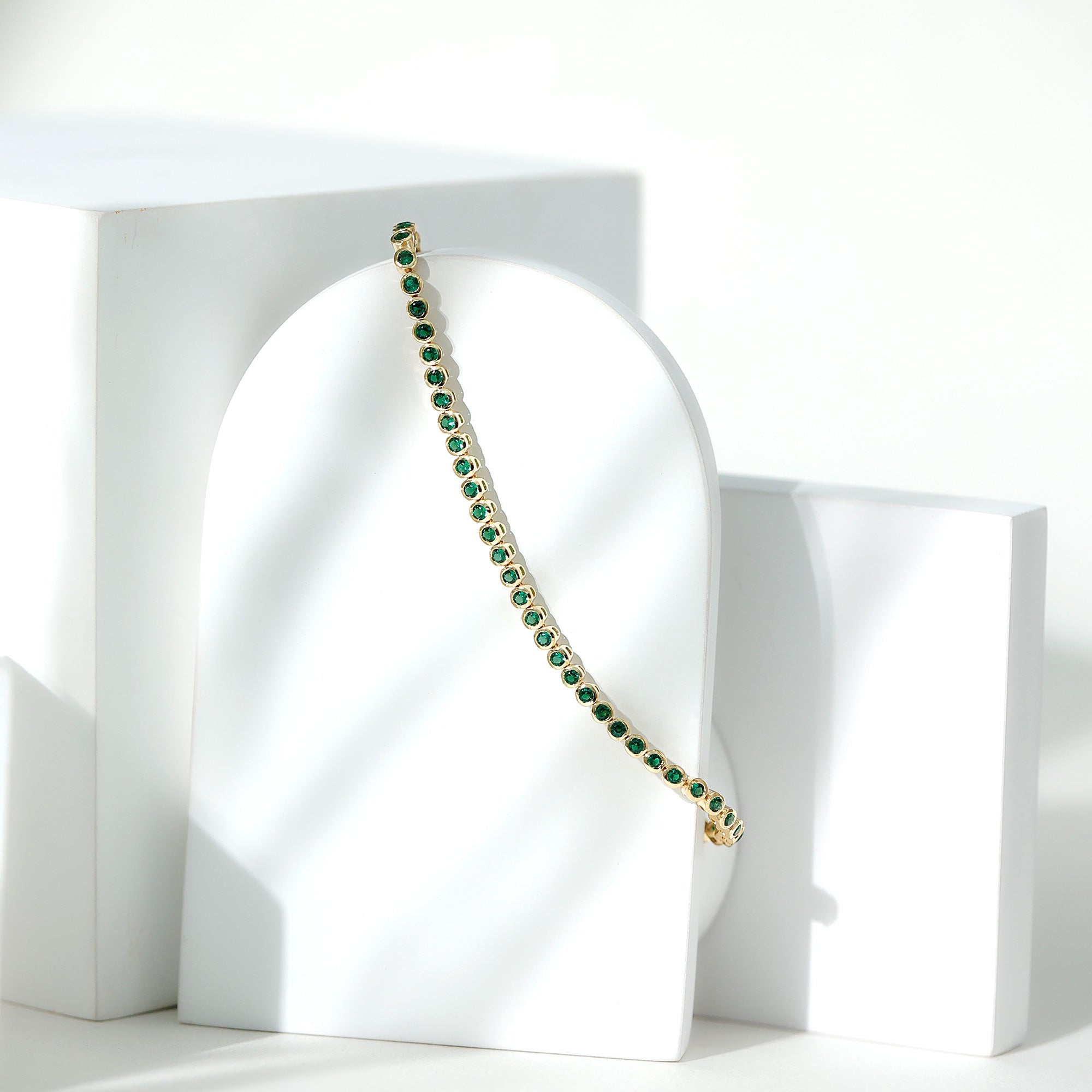 Emerald Tennis Bracelet - Bezel Set Lab Created Emeralds | Lightweight Elegant Wrist Jewelry