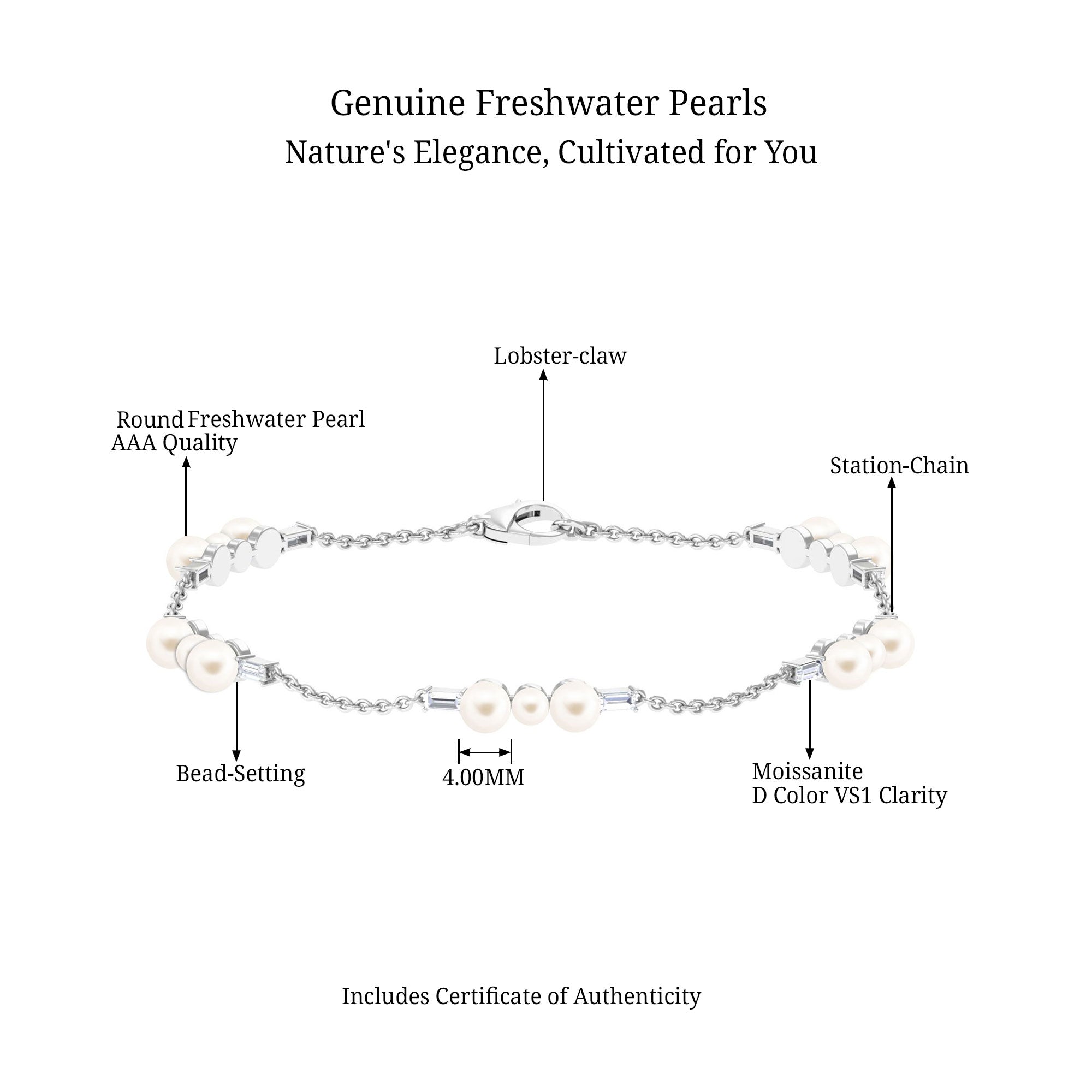 Freshwater Pearl Bracelet – Elegant Pearl Station Bracelet with Moissanite Stones