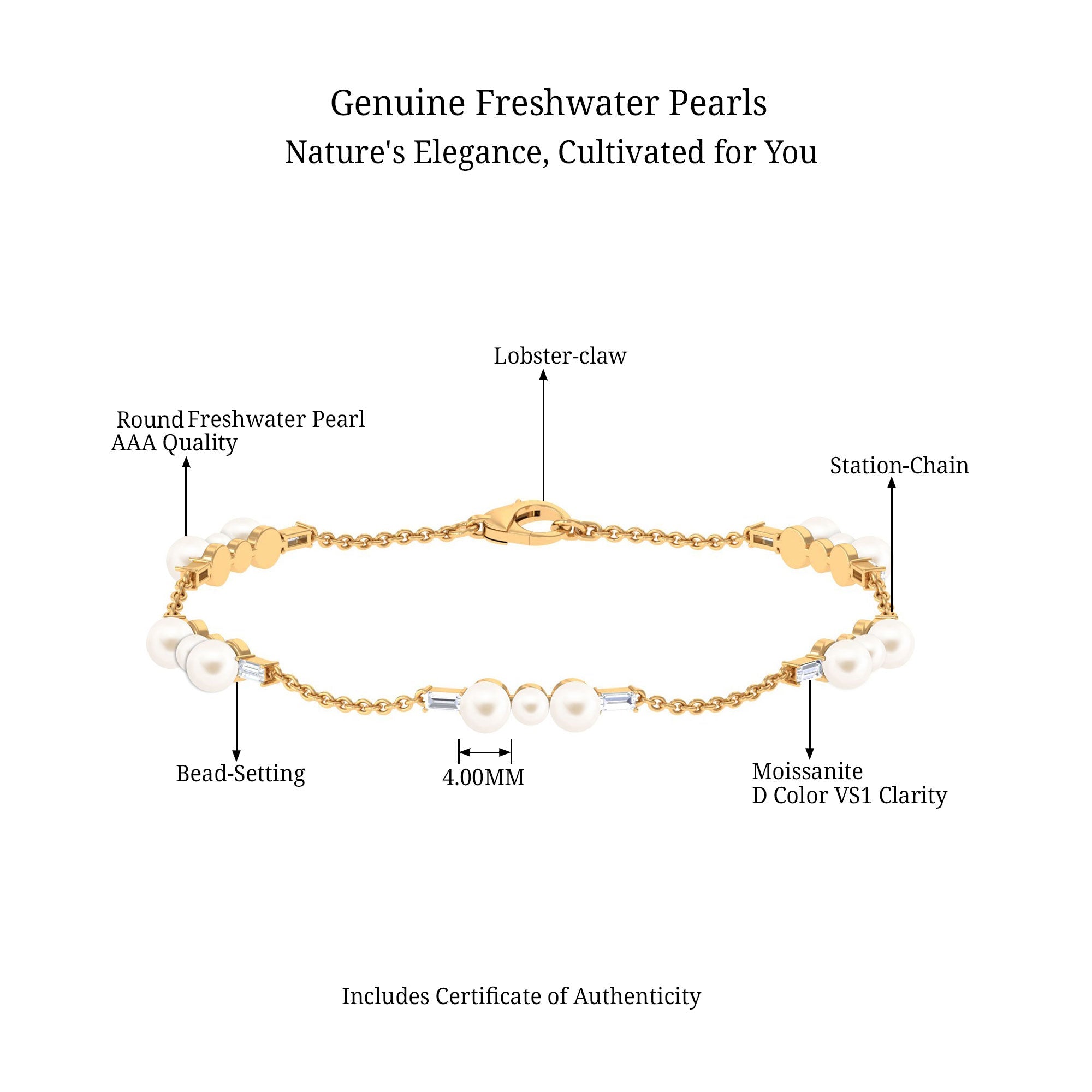 Freshwater Pearl Bracelet – Elegant Pearl Station Bracelet with Moissanite Stones