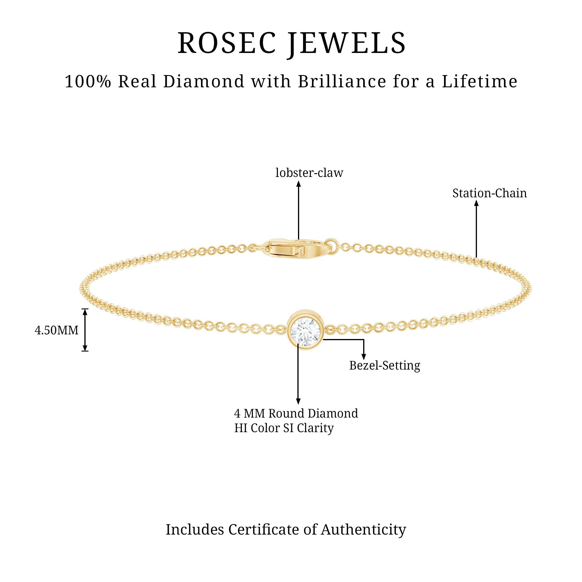 Diamond Chain Bracelet - Certified Bezel Setting Solitaire Round Diamond Jewelry