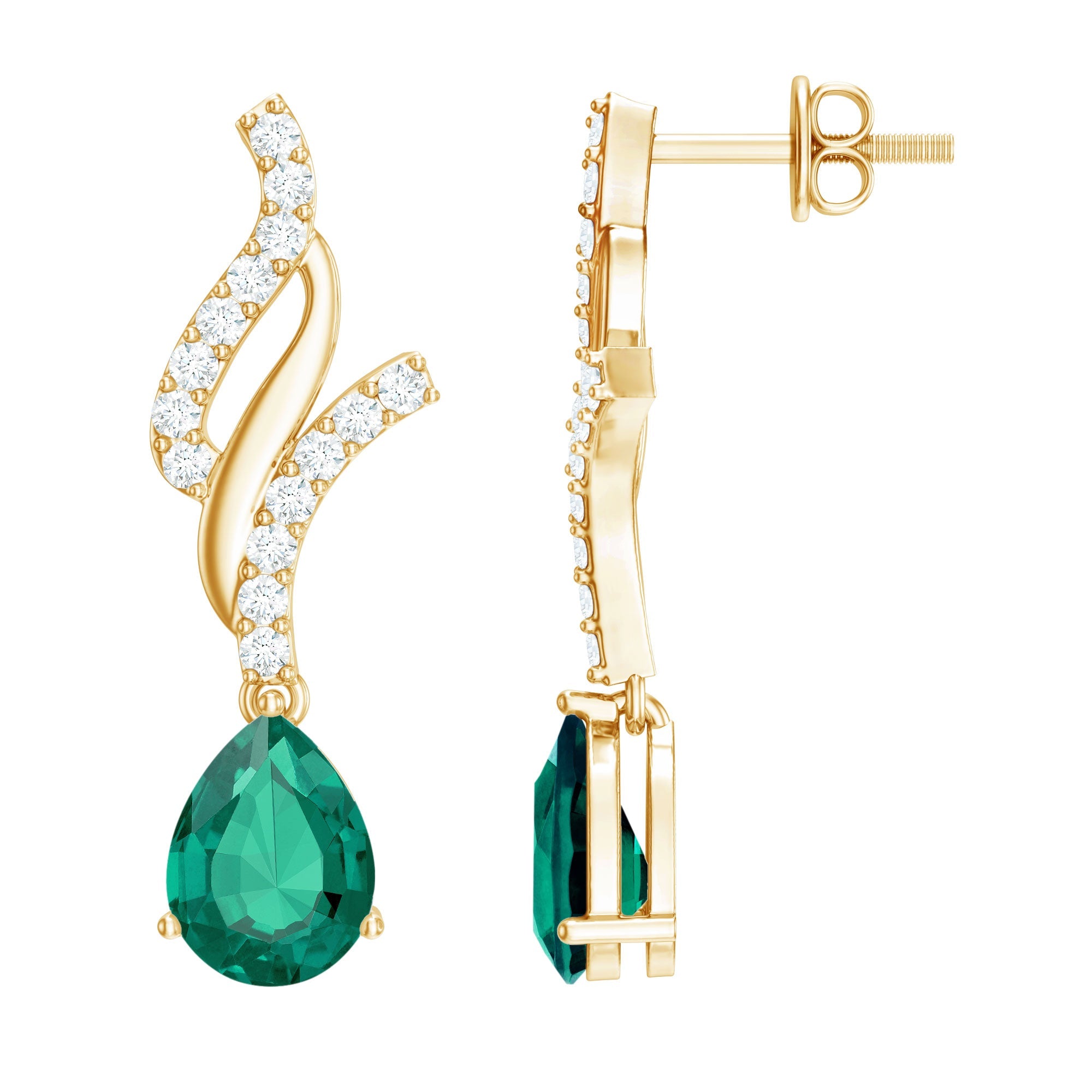 Lab Grown Emerald Earrings – Vintage Pear Shaped Drops with Diamond Accent