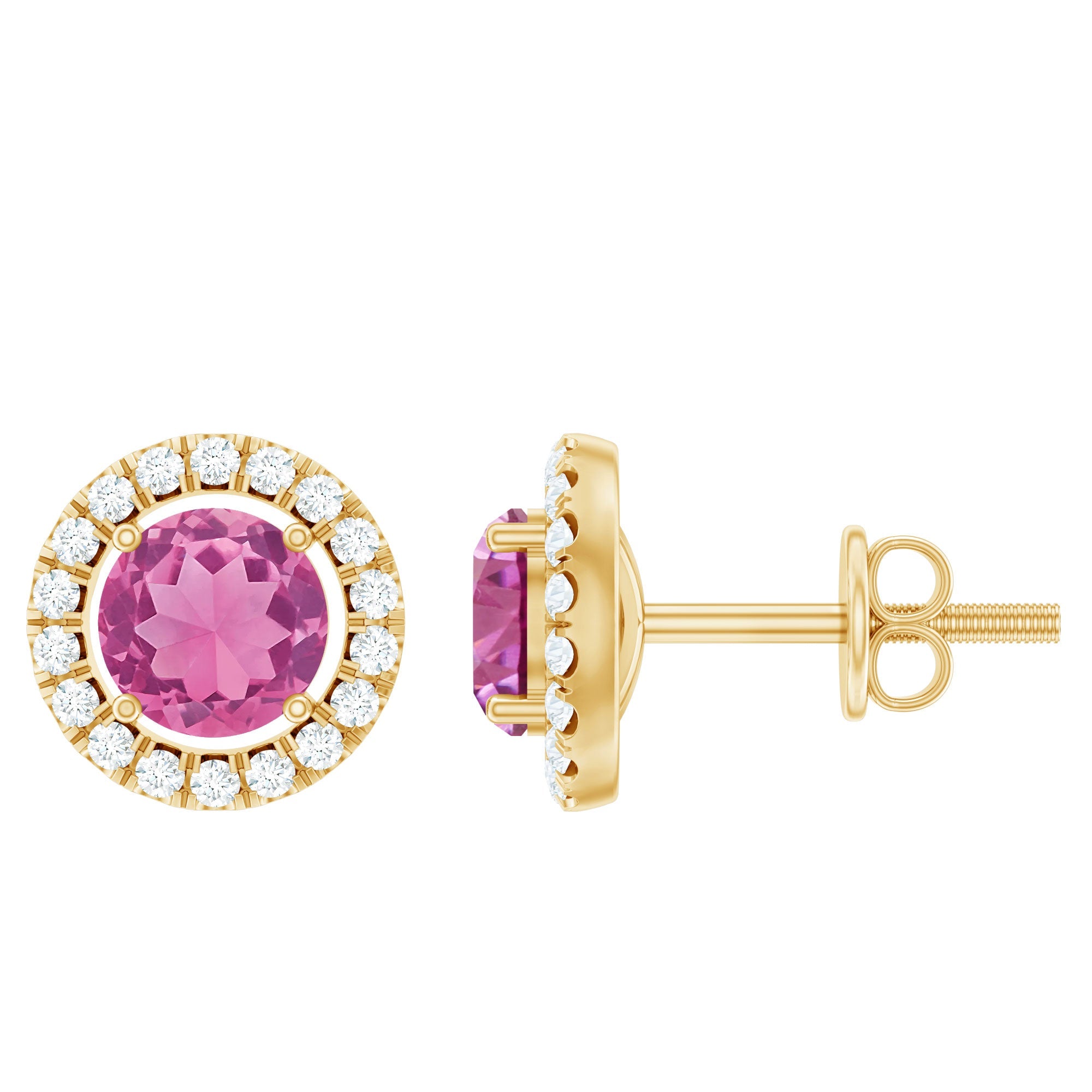 Pink Tourmaline Earrings – Diamond Halo Stud Earrings With Secure Screw Back