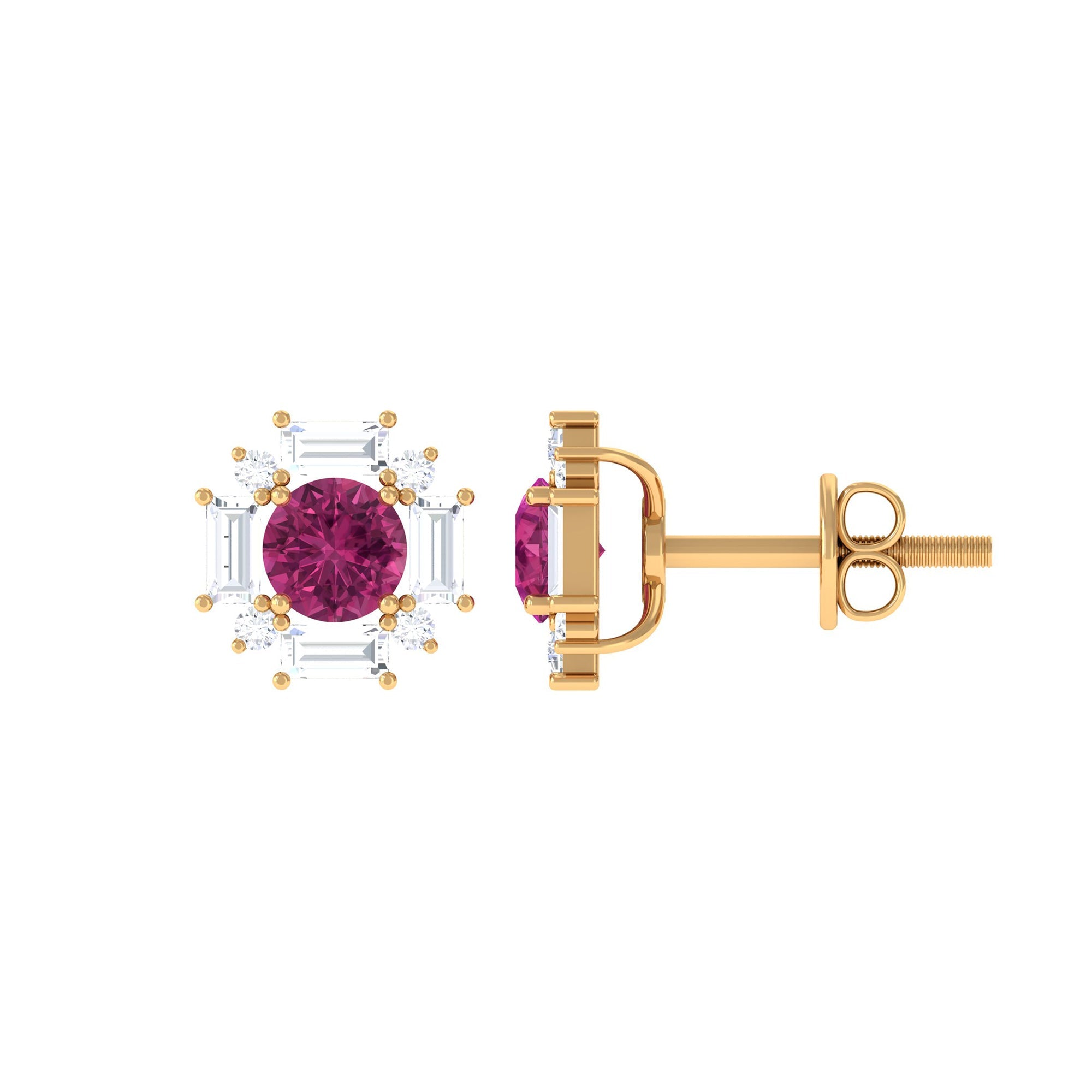 Pink Tourmaline Earrings – Diamond Halo Stud Earrings with Sparkling Baguette Diamonds