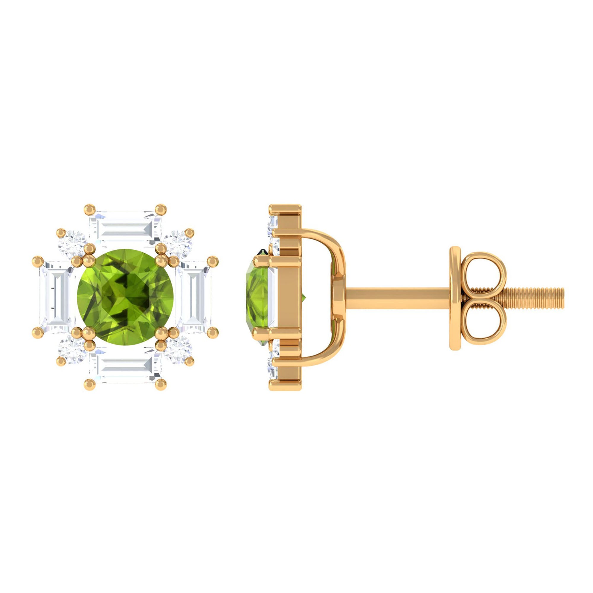 Peridot Stud Earrings | Gold Stud Earrings with Diamond Halo - Secure Screw Back
