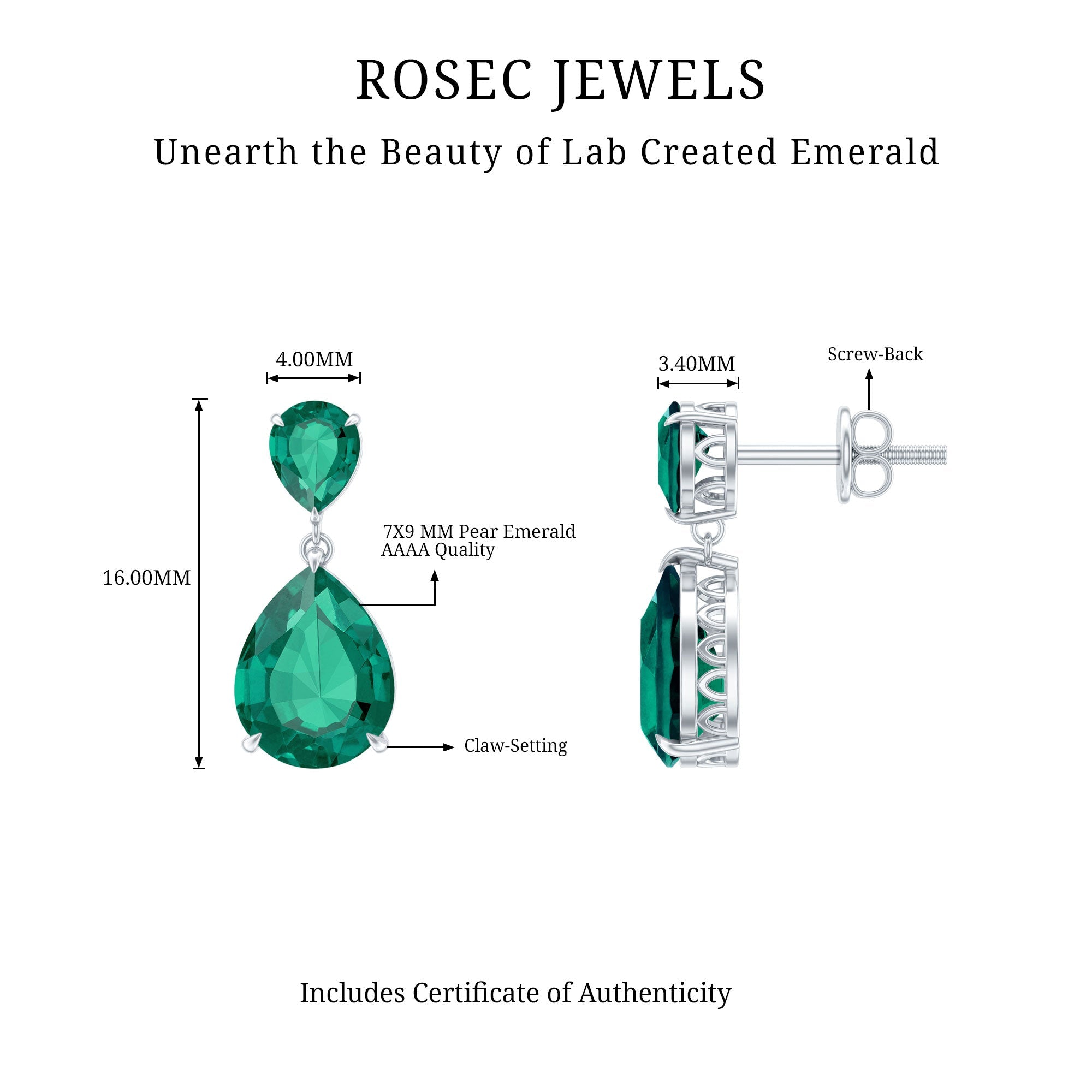 Lab Grown Emerald Earrings – Pear Shaped Dangle Drop Statement Bridal Jewelry