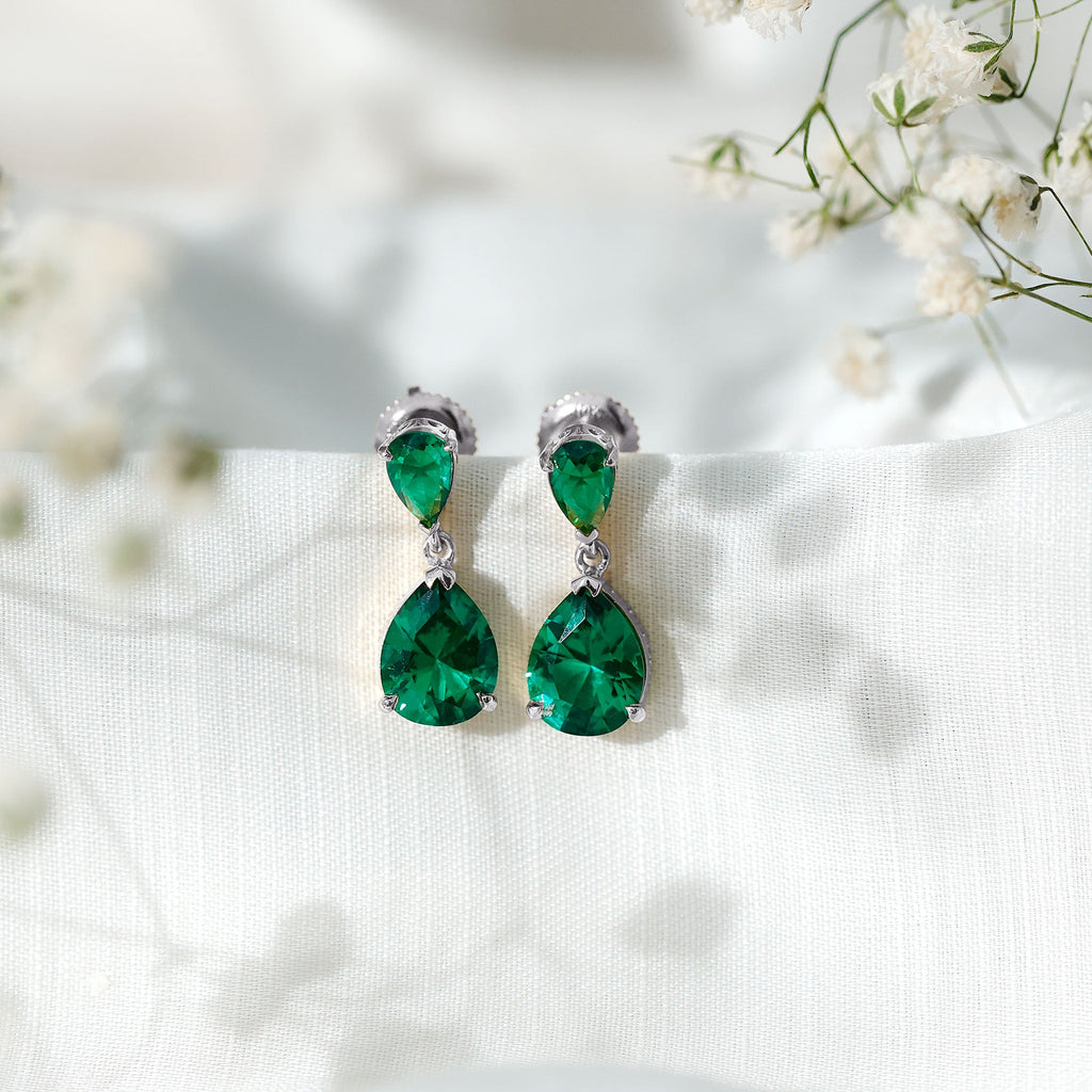 Lab Grown Emerald Earrings – Pear Shaped Dangle Drop Statement Bridal Jewelry