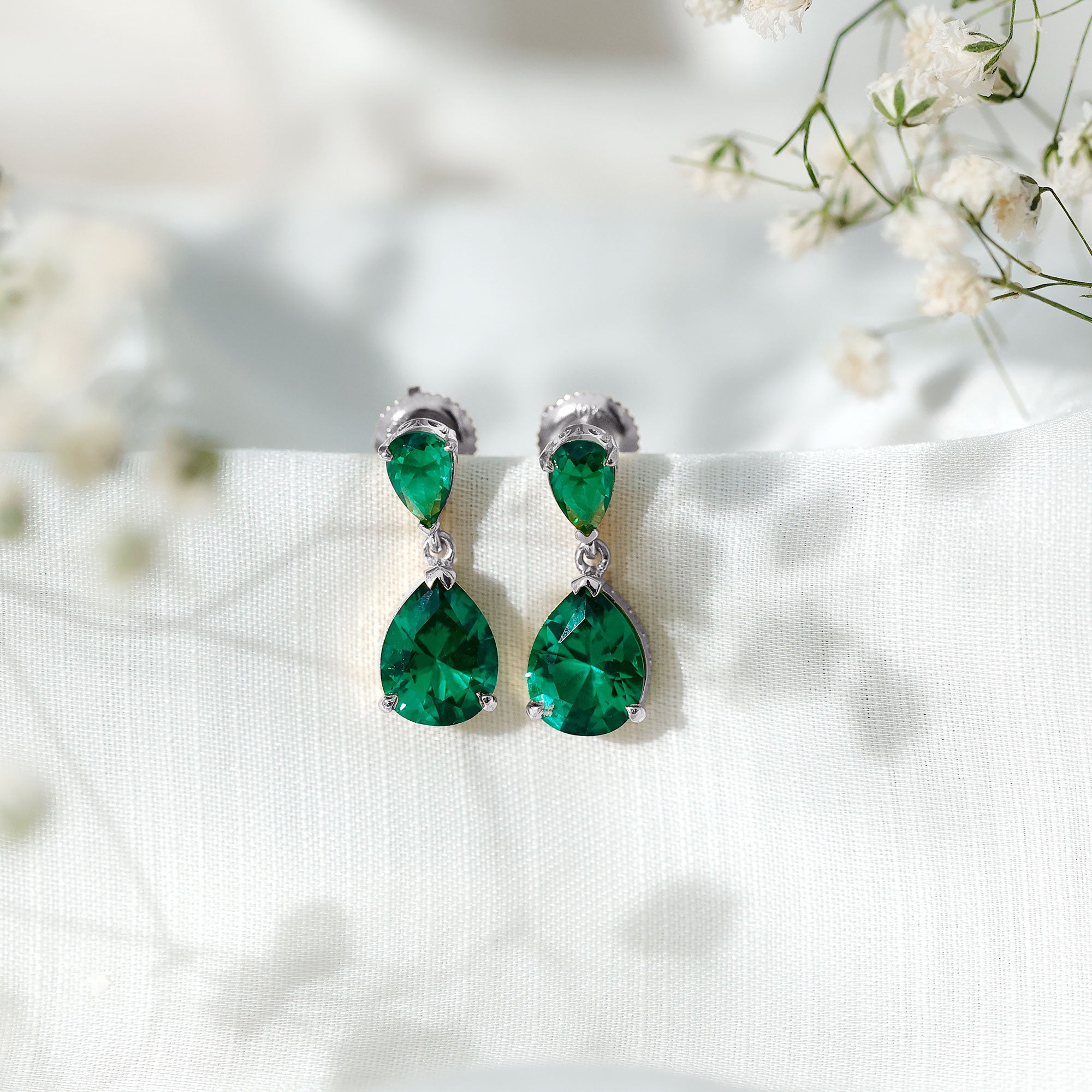 Lab Grown Emerald Earrings – Pear Shaped Dangle Drop Statement Bridal Jewelry