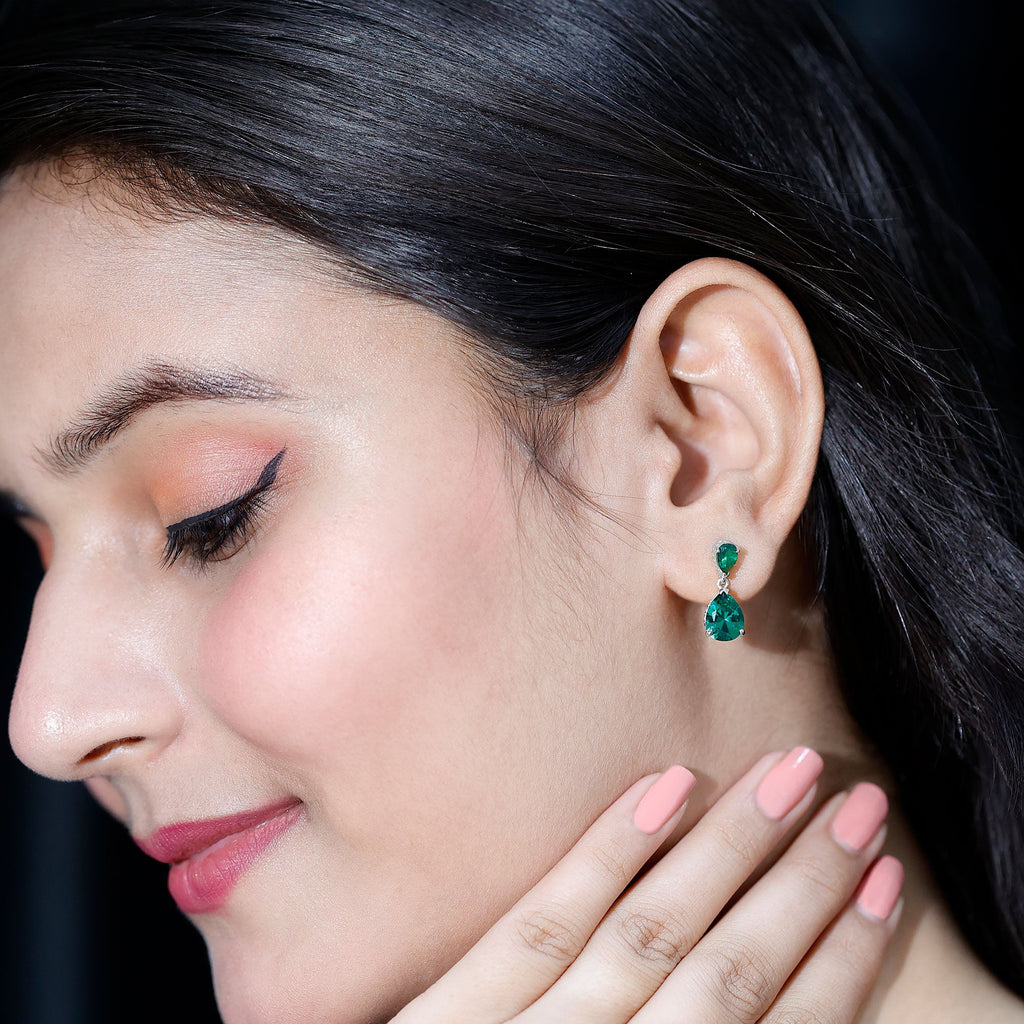 Lab Grown Emerald Earrings – Pear Shaped Dangle Drop Statement Bridal Jewelry