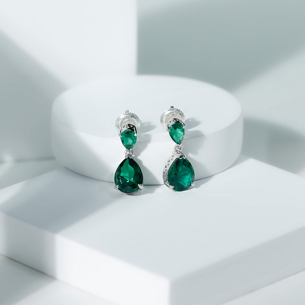 Lab Grown Emerald Earrings – Pear Shaped Dangle Drop Statement Bridal Jewelry