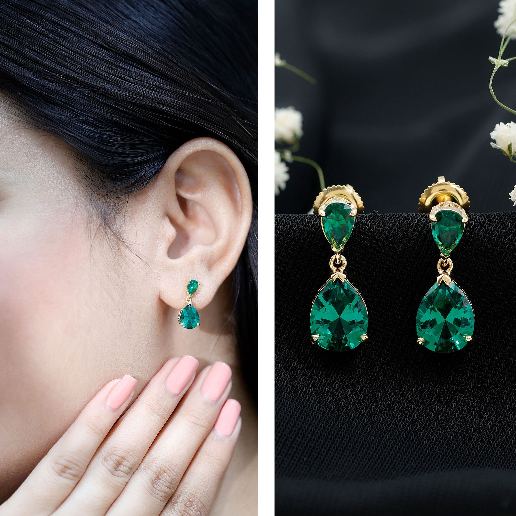 Lab Grown Emerald Earrings – Pear Shaped Dangle Drop Statement Bridal Jewelry
