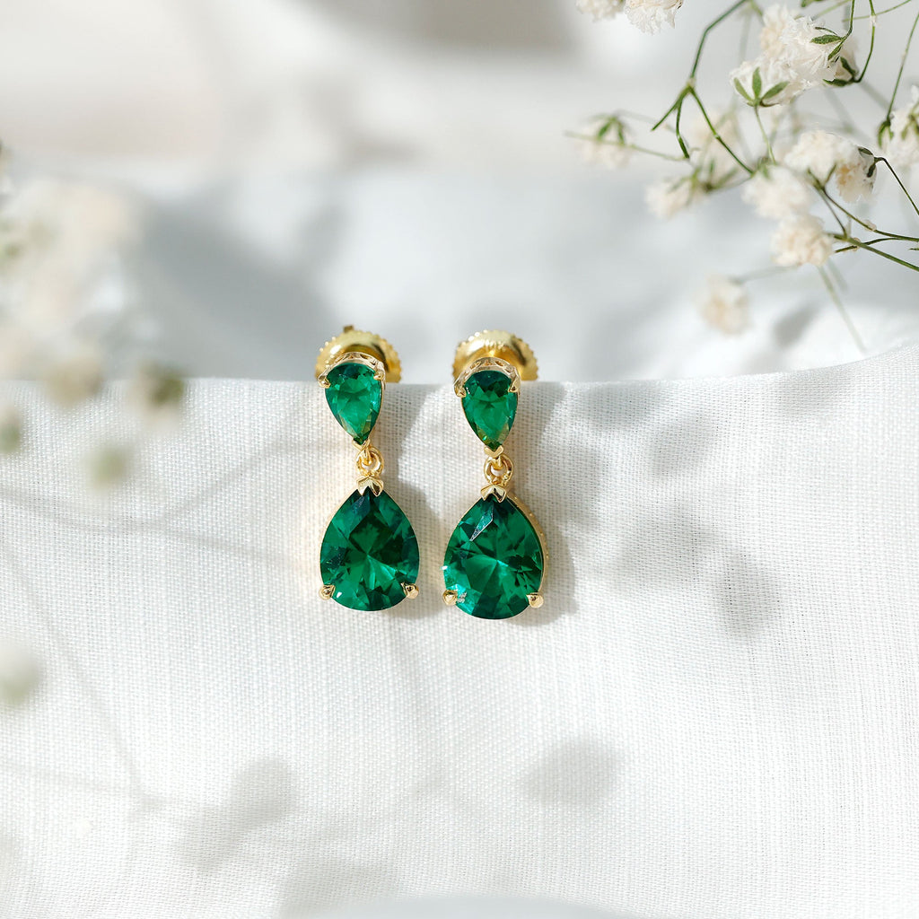 Lab Grown Emerald Earrings – Pear Shaped Dangle Drop Statement Bridal Jewelry