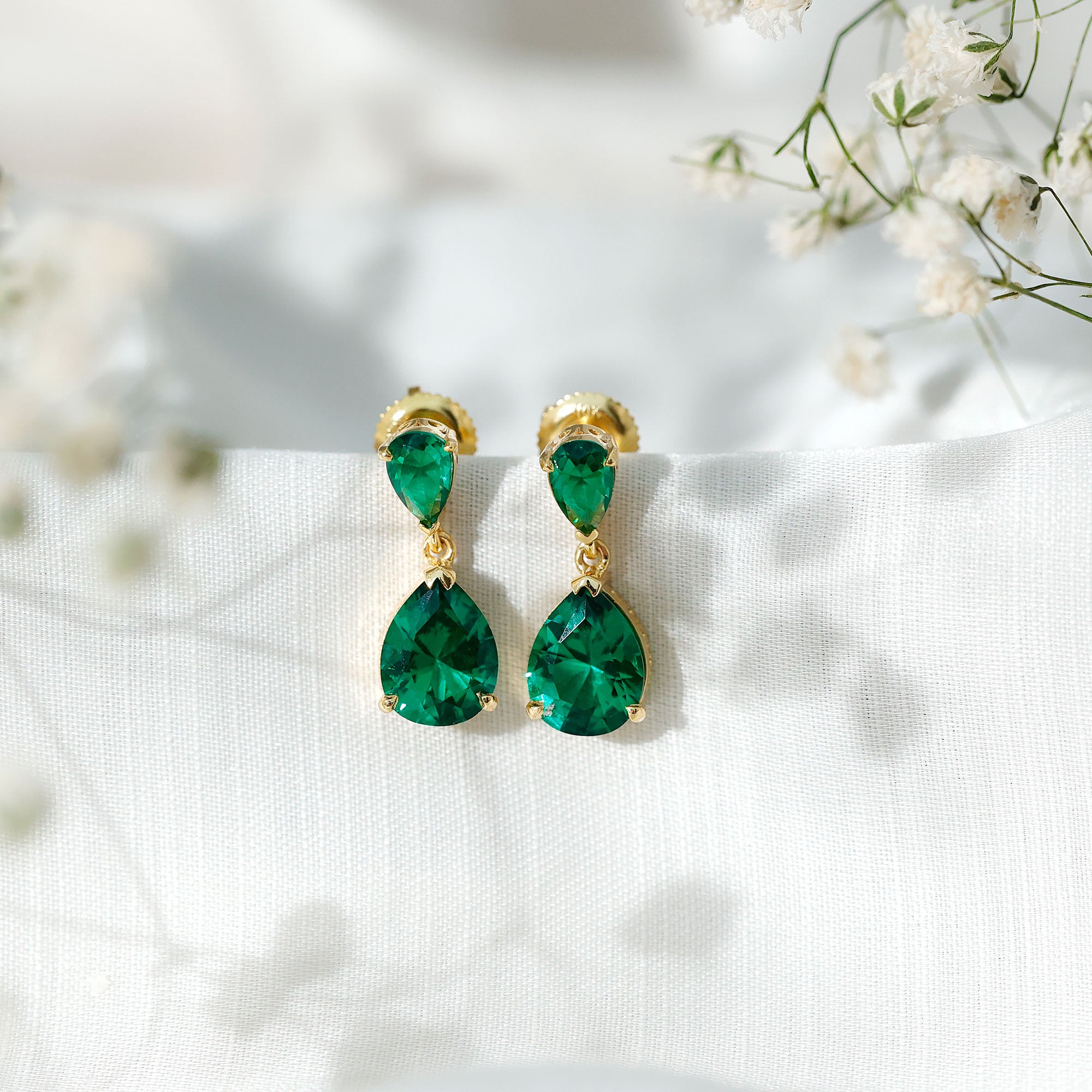 Lab Grown Emerald Earrings – Pear Shaped Dangle Drop Statement Bridal Jewelry