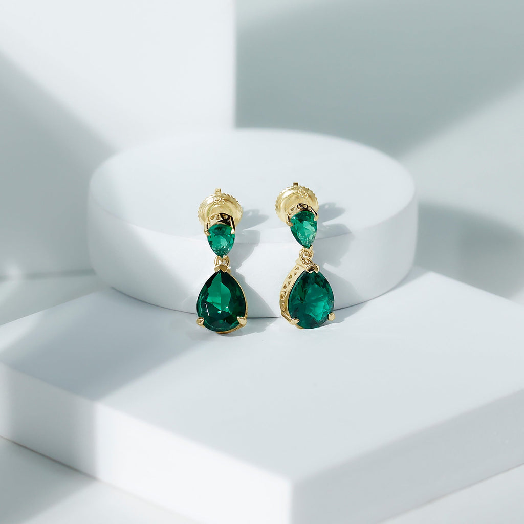 Lab Grown Emerald Earrings – Pear Shaped Dangle Drop Statement Bridal Jewelry