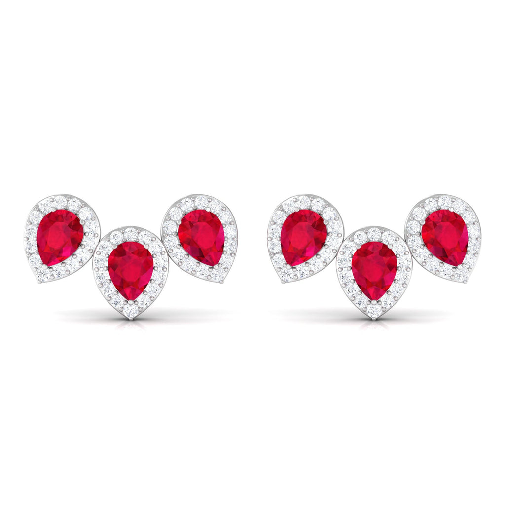 Lab Created Ruby 3 Stone Earrings with Diamond Halo