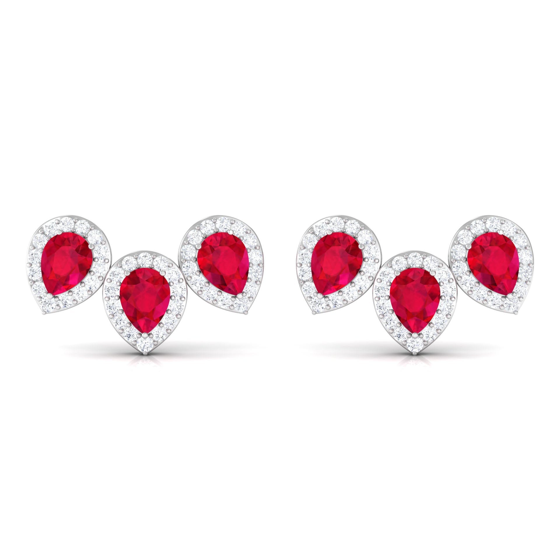 Lab Created Ruby 3 Stone Earrings with Diamond Halo