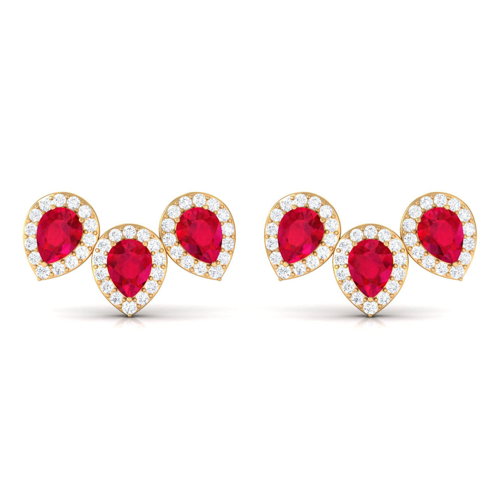 Lab Created Ruby 3 Stone Earrings with Diamond Halo