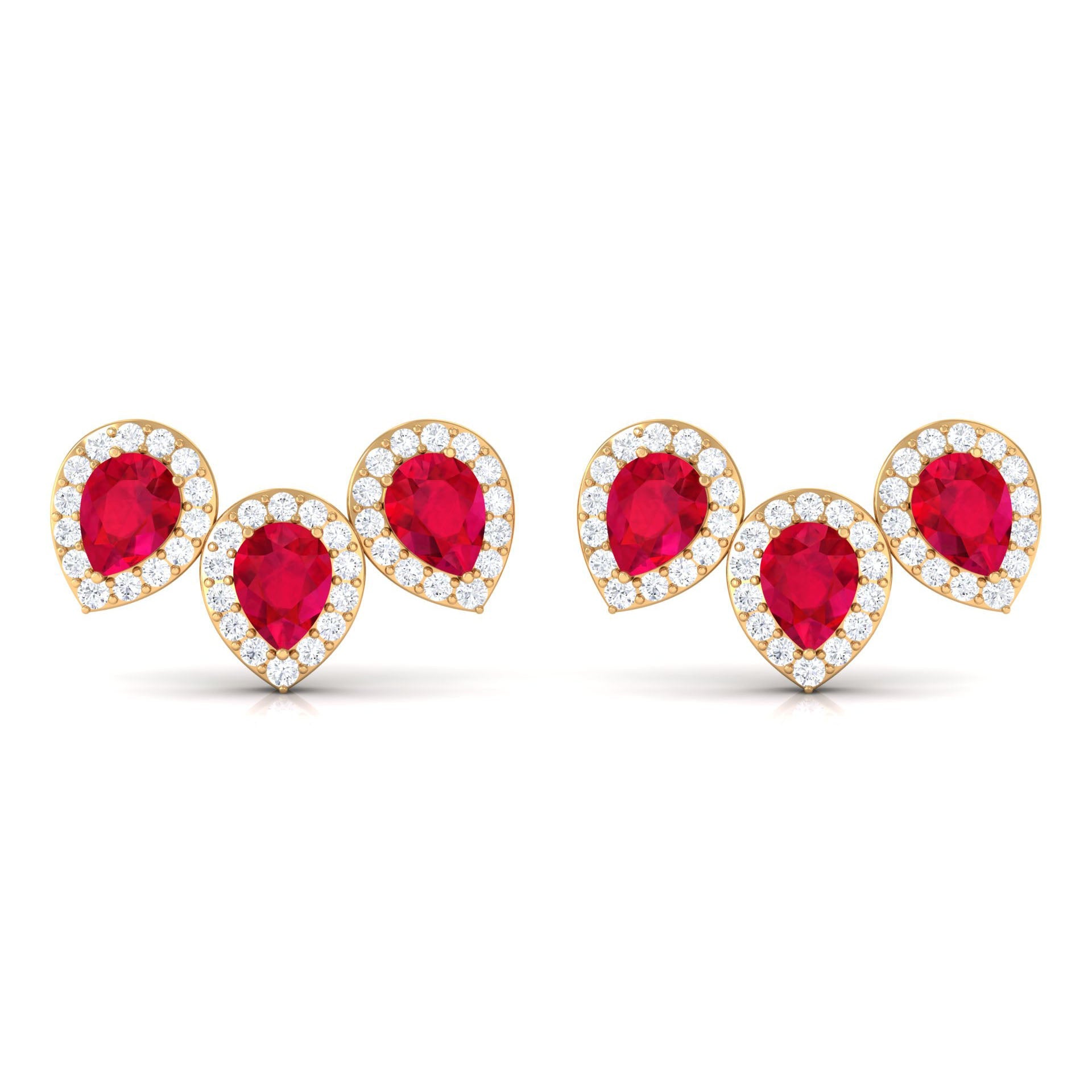 Lab Created Ruby 3 Stone Earrings with Diamond Halo