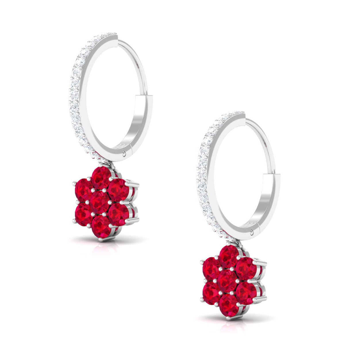 Lab Created Ruby Flower Drop Hoop Earrings with Diamond