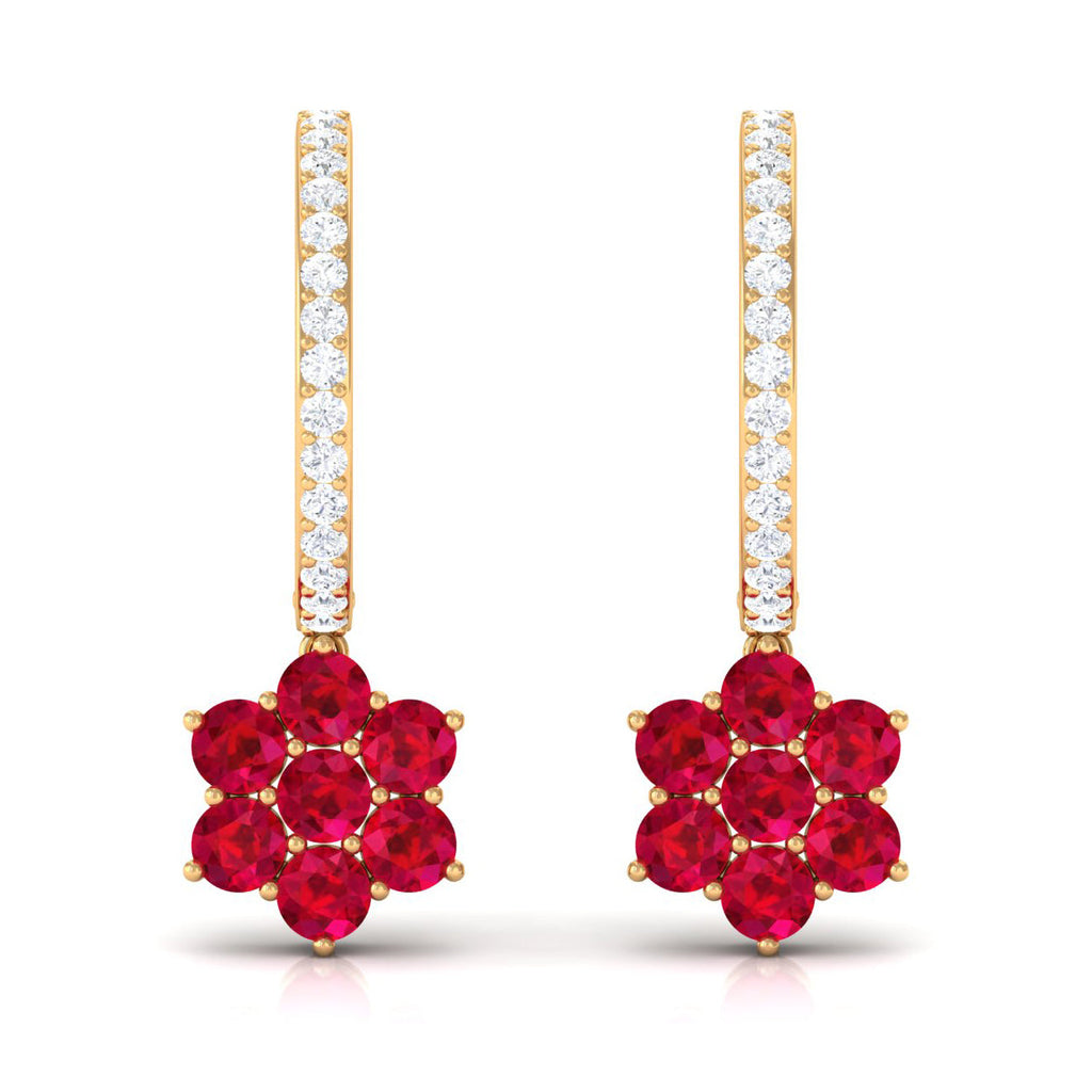 Lab Created Ruby Flower Drop Hoop Earrings with Diamond