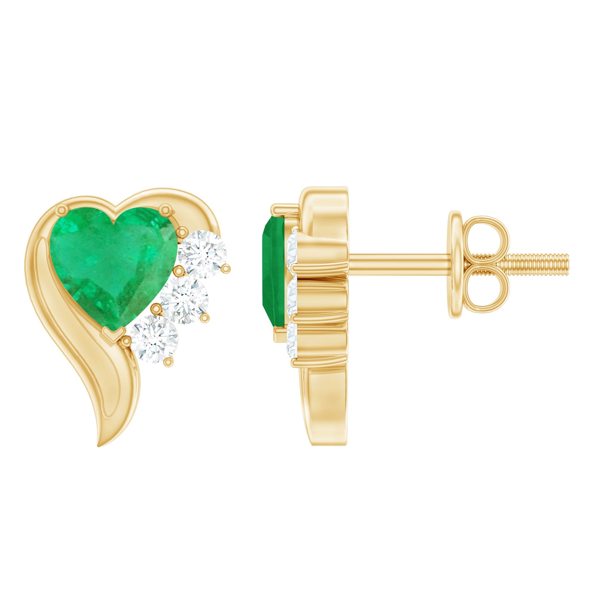 Emerald Heart Earrings – Real Emerald Studs with Diamond Studs, Prong Setting