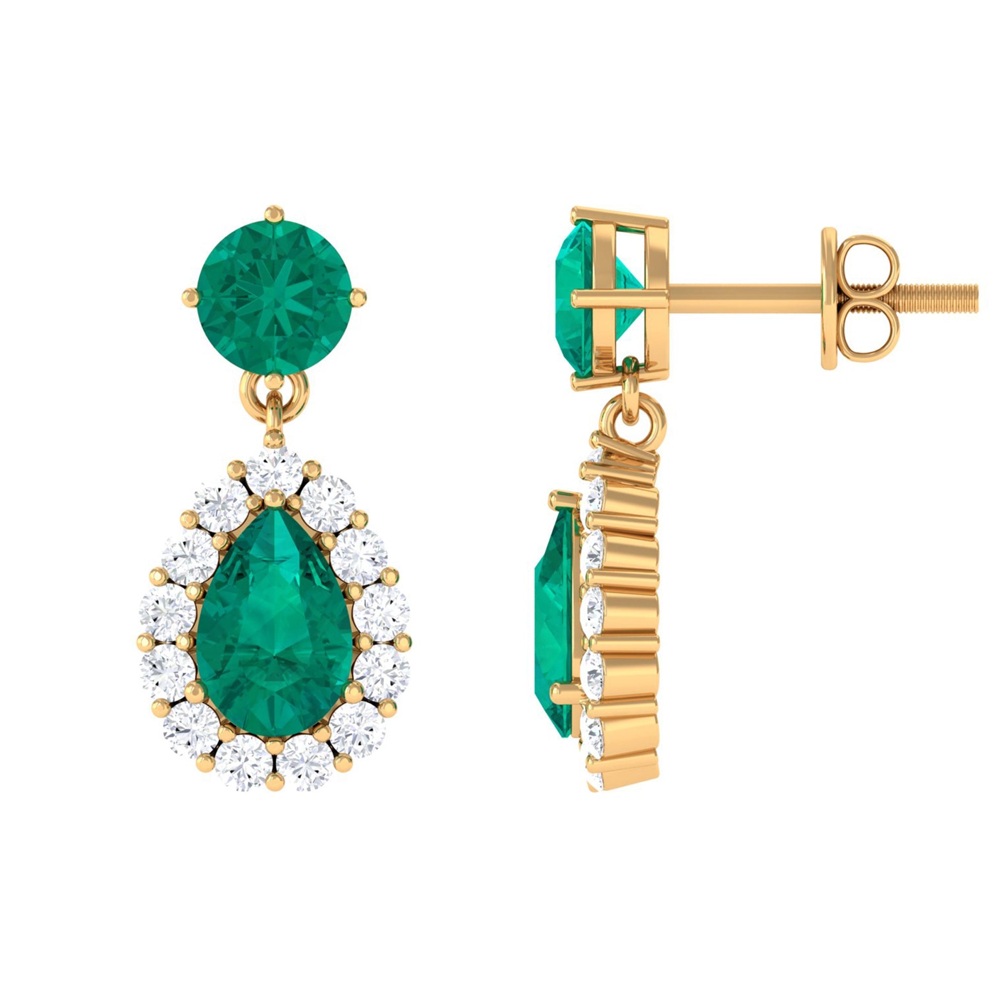 Emerald Teardrop Earrings – Pear Shape Emerald with Diamond Halo | Secure Screw Back